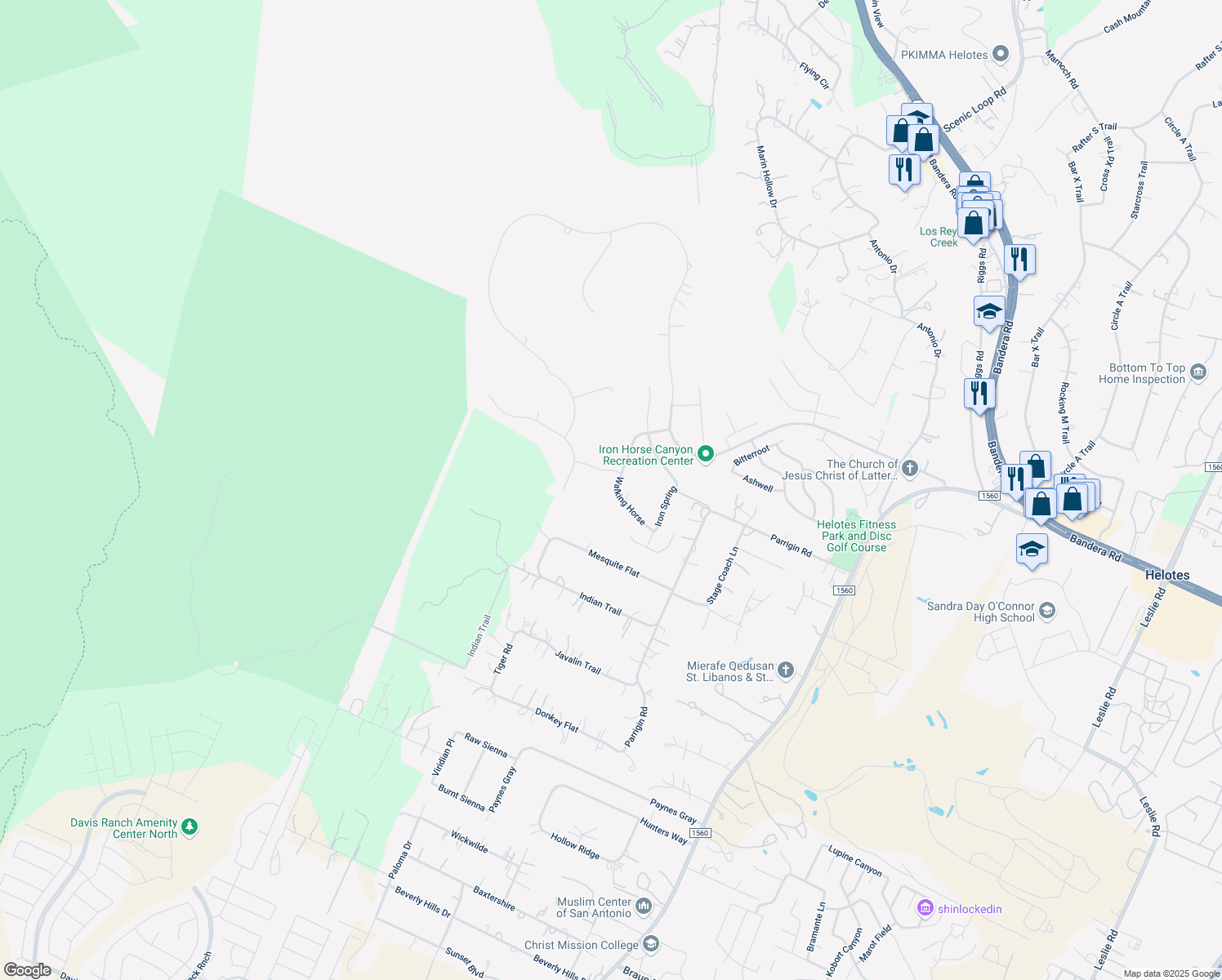 map of restaurants, bars, coffee shops, grocery stores, and more near 13003 Walking Horse in Helotes
