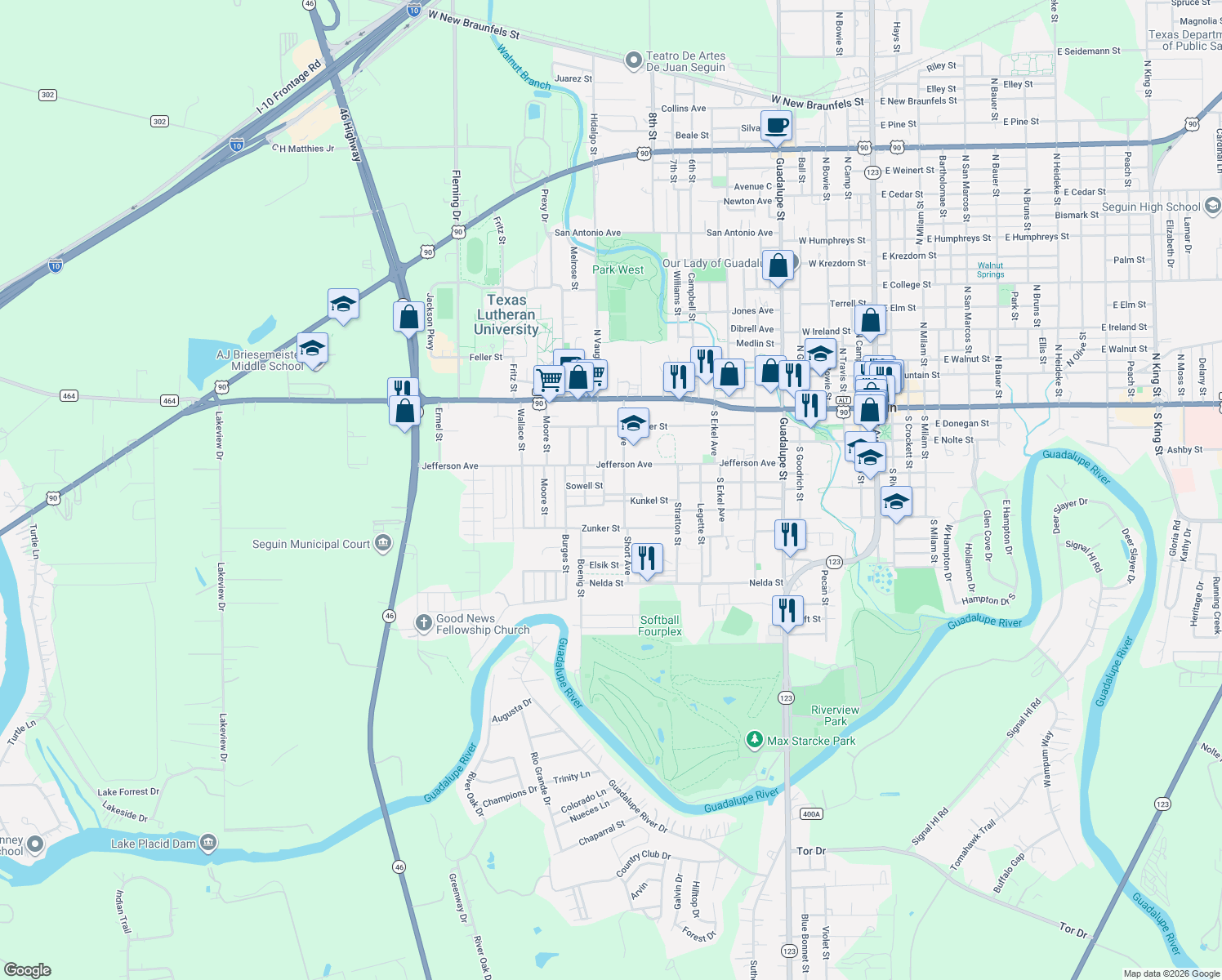 map of restaurants, bars, coffee shops, grocery stores, and more near 425 Duggan Street in Seguin