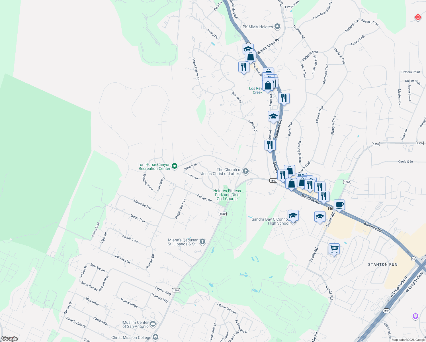 map of restaurants, bars, coffee shops, grocery stores, and more near 13070 Wild Heart in Helotes