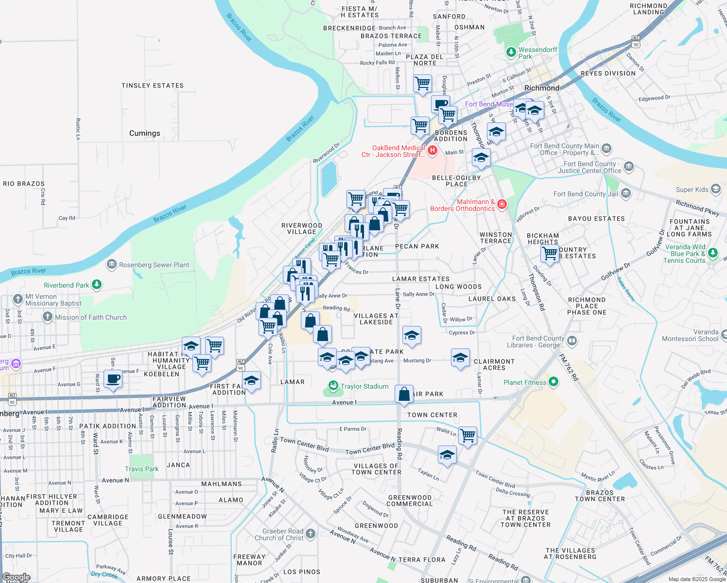 map of restaurants, bars, coffee shops, grocery stores, and more near 1041 Sally Anne Dr in Rosenberg