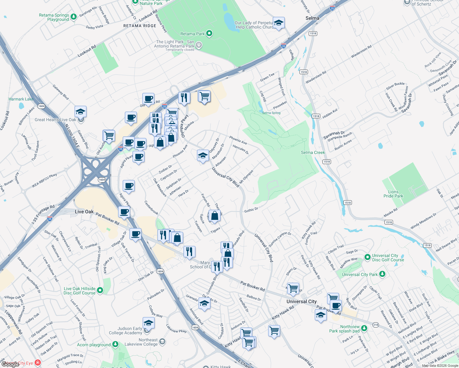 map of restaurants, bars, coffee shops, grocery stores, and more near 13514 Mount Olympus in Universal City