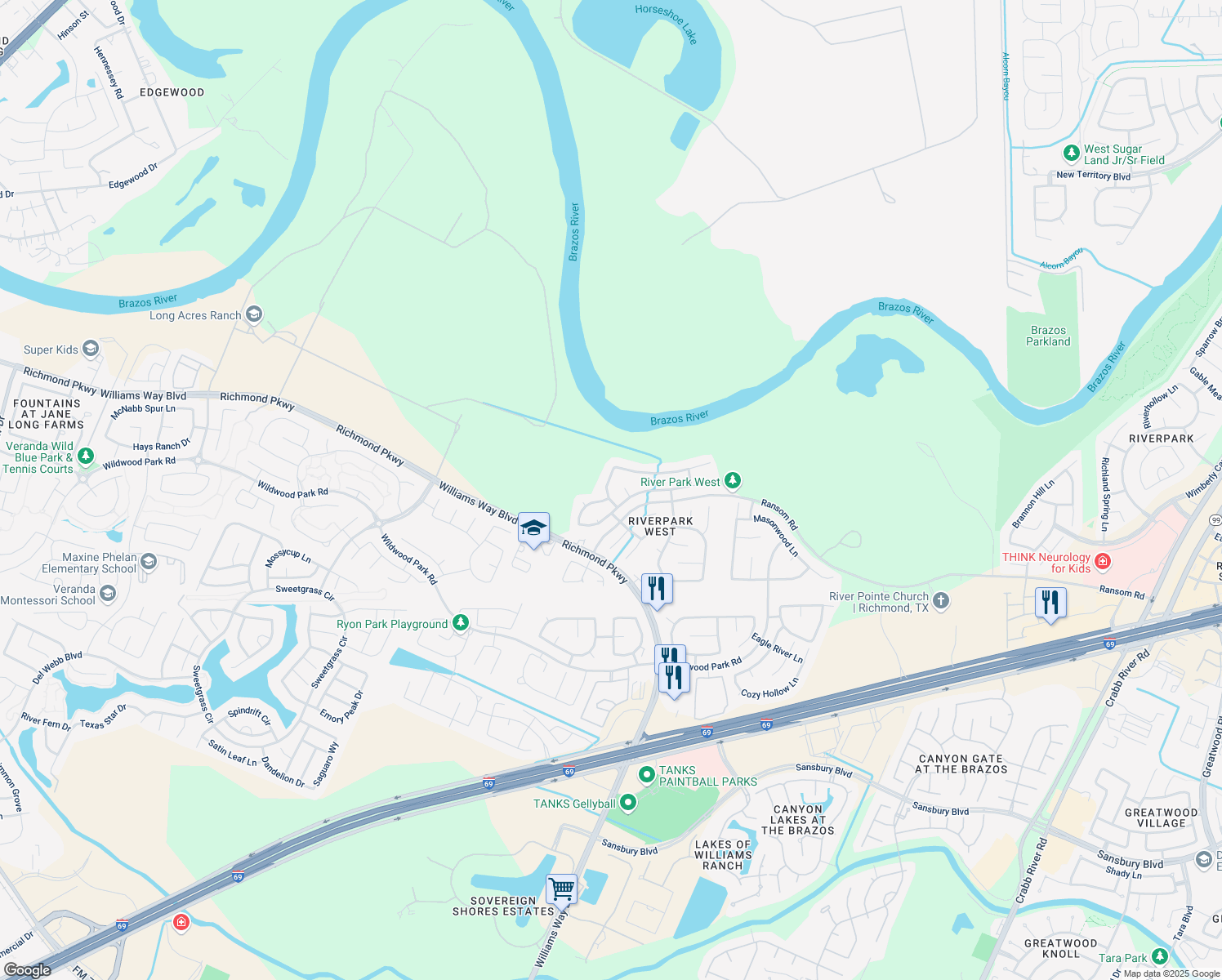 map of restaurants, bars, coffee shops, grocery stores, and more near 2414 Rustic Trail Ln in Richmond