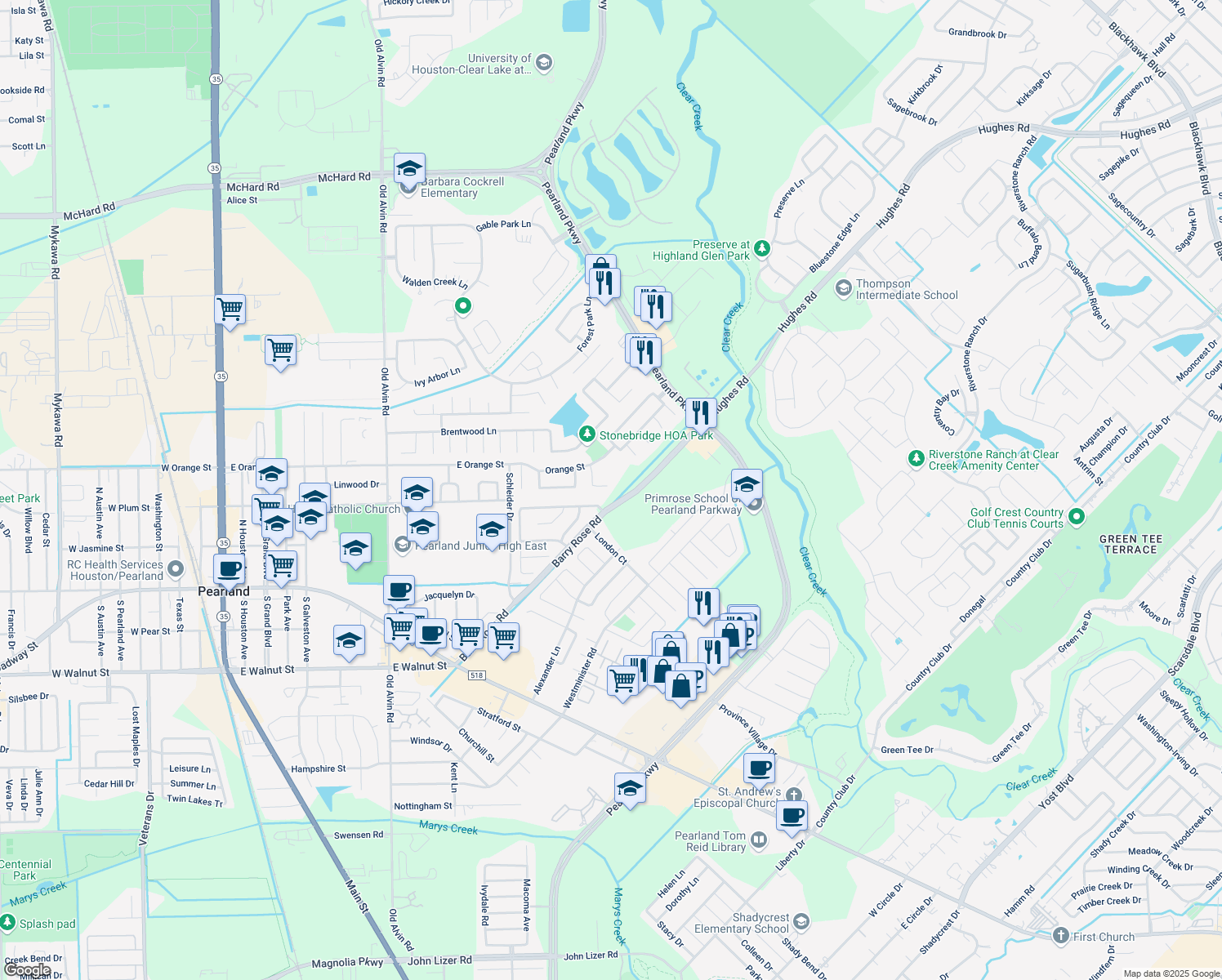 map of restaurants, bars, coffee shops, grocery stores, and more near 3026 Ripple Bend Court in Pearland