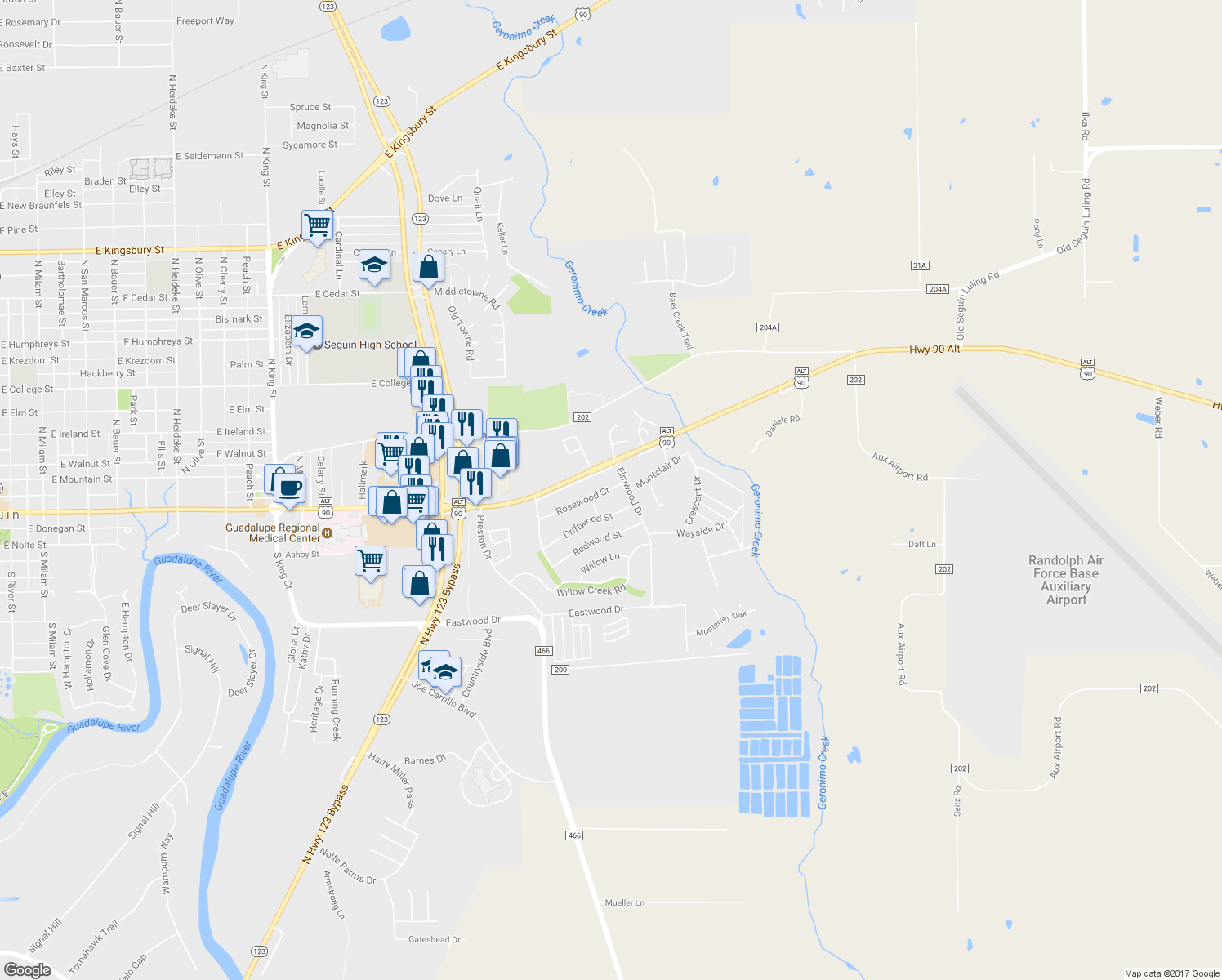 map of restaurants, bars, coffee shops, grocery stores, and more near 1739 Rosewood Street in Seguin