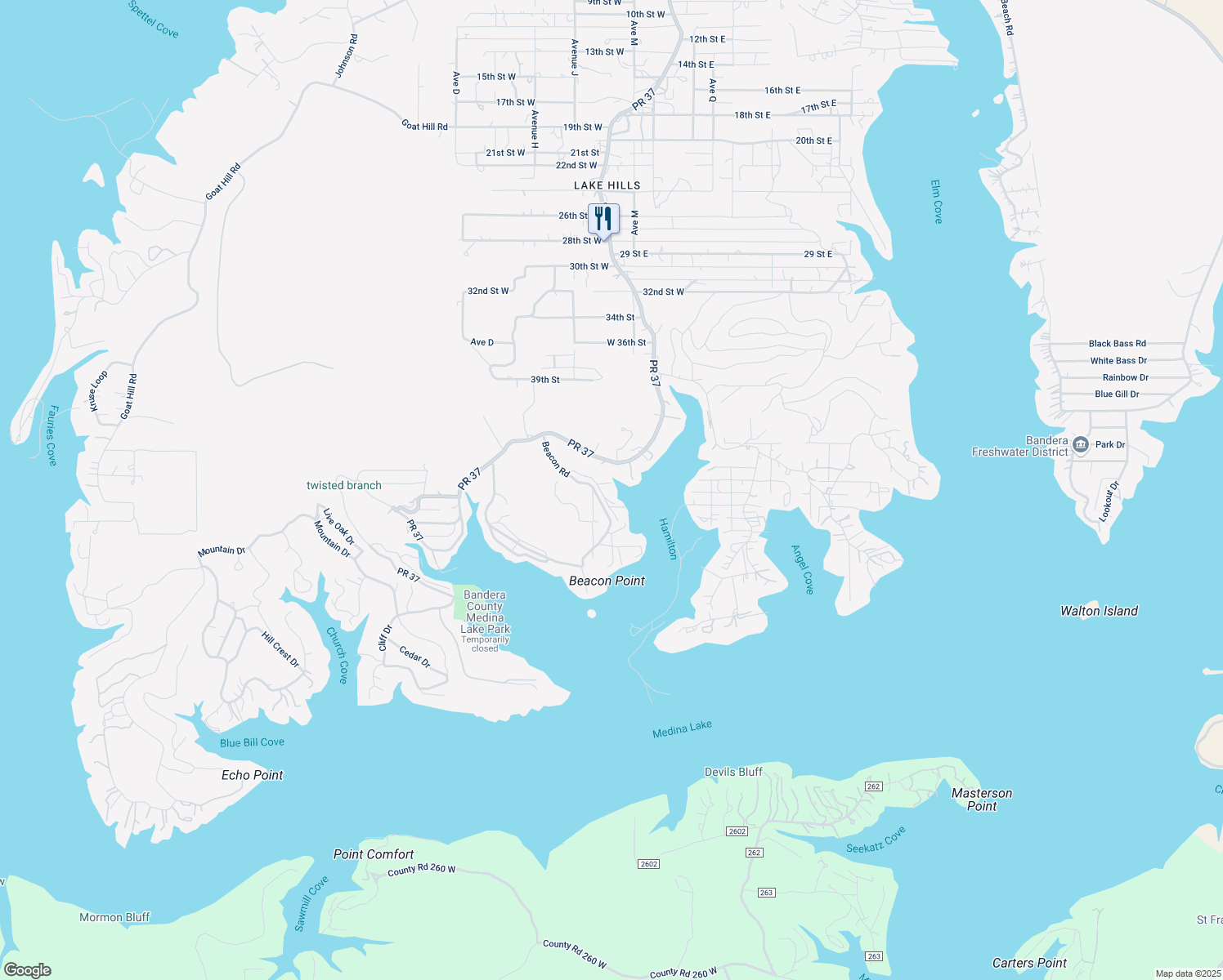 map of restaurants, bars, coffee shops, grocery stores, and more near 223 Lower Beacon Road in Lakehills