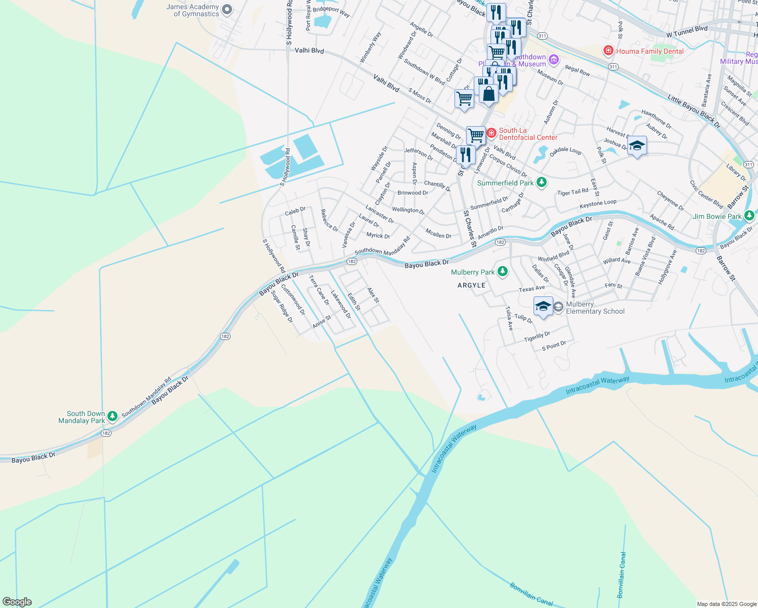 map of restaurants, bars, coffee shops, grocery stores, and more near 599 Alex St in Houma