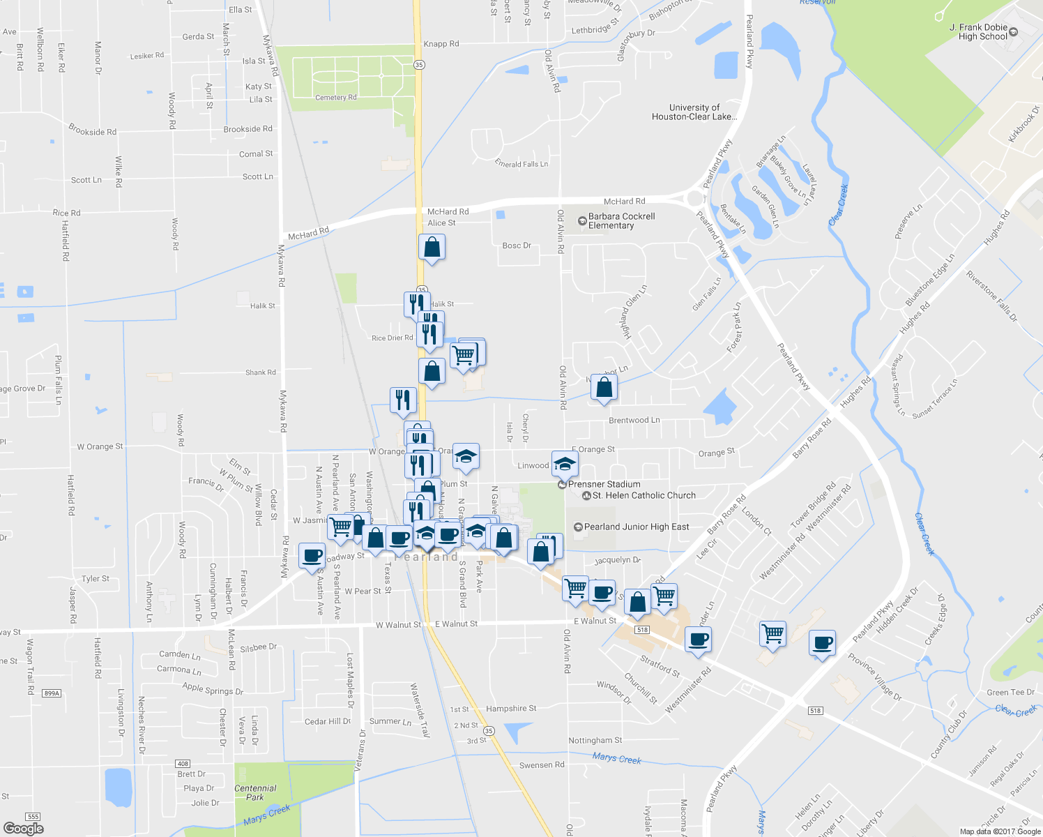 map of restaurants, bars, coffee shops, grocery stores, and more near 2018 Cheryl Drive in Pearland