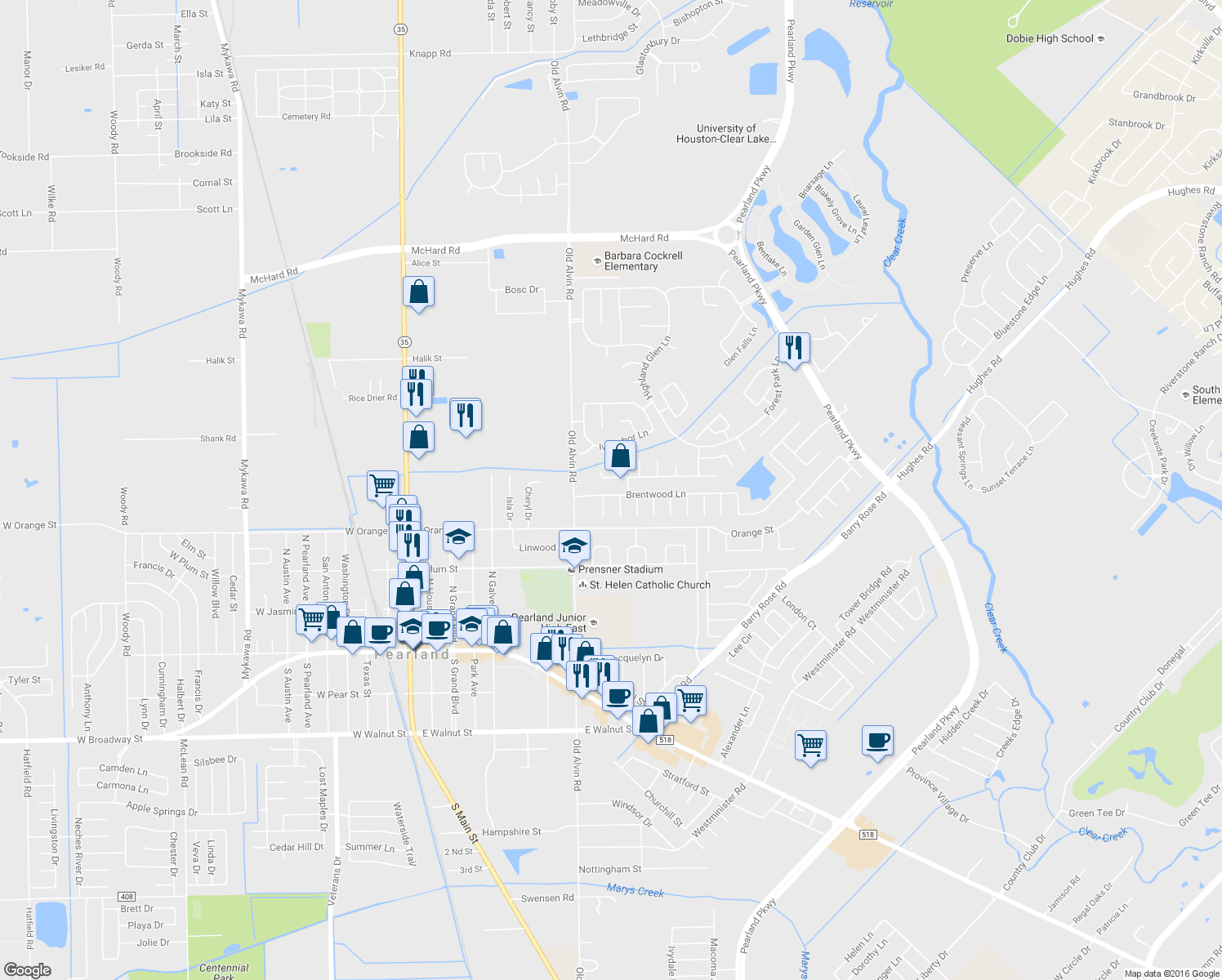 map of restaurants, bars, coffee shops, grocery stores, and more near 3407 Brentwood Lane in Pearland