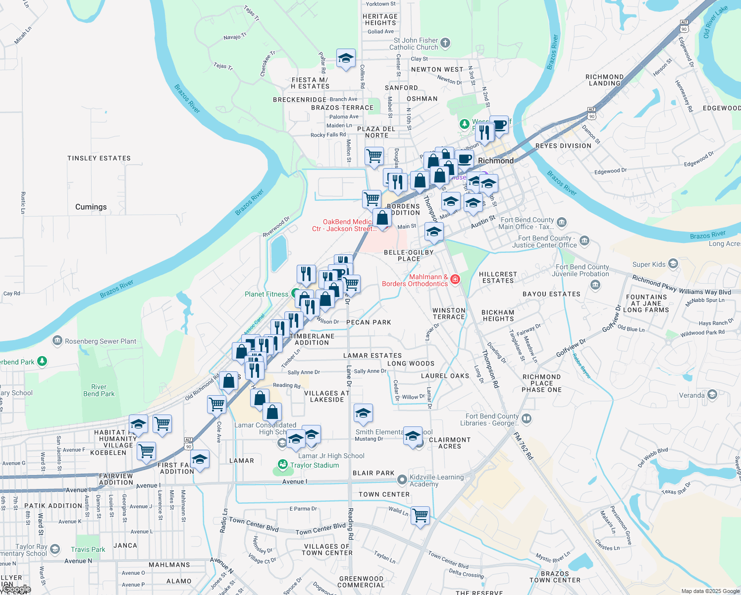 map of restaurants, bars, coffee shops, grocery stores, and more near 1217 Westwood Drive in Rosenberg