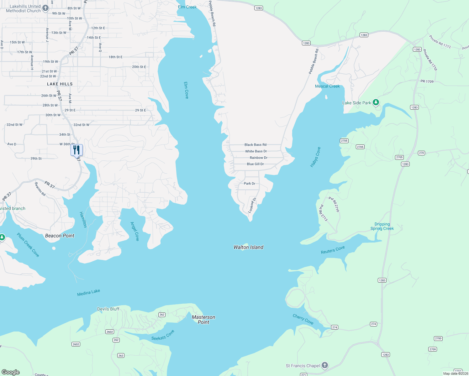 map of restaurants, bars, coffee shops, grocery stores, and more near 779 Lookout Drive in Lakehills