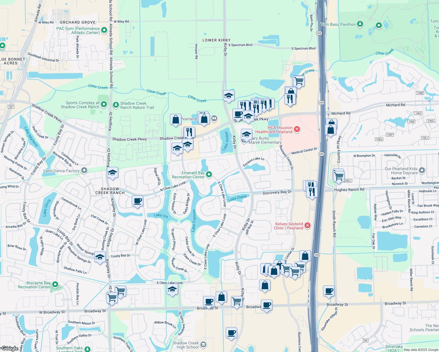 map of restaurants, bars, coffee shops, grocery stores, and more near 11710 Sterling Brook Street in Pearland