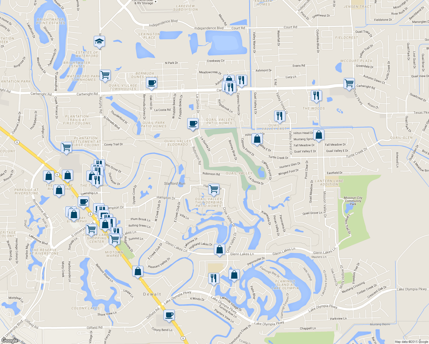 map of restaurants, bars, coffee shops, grocery stores, and more near 3119 Robinson Road in Missouri City