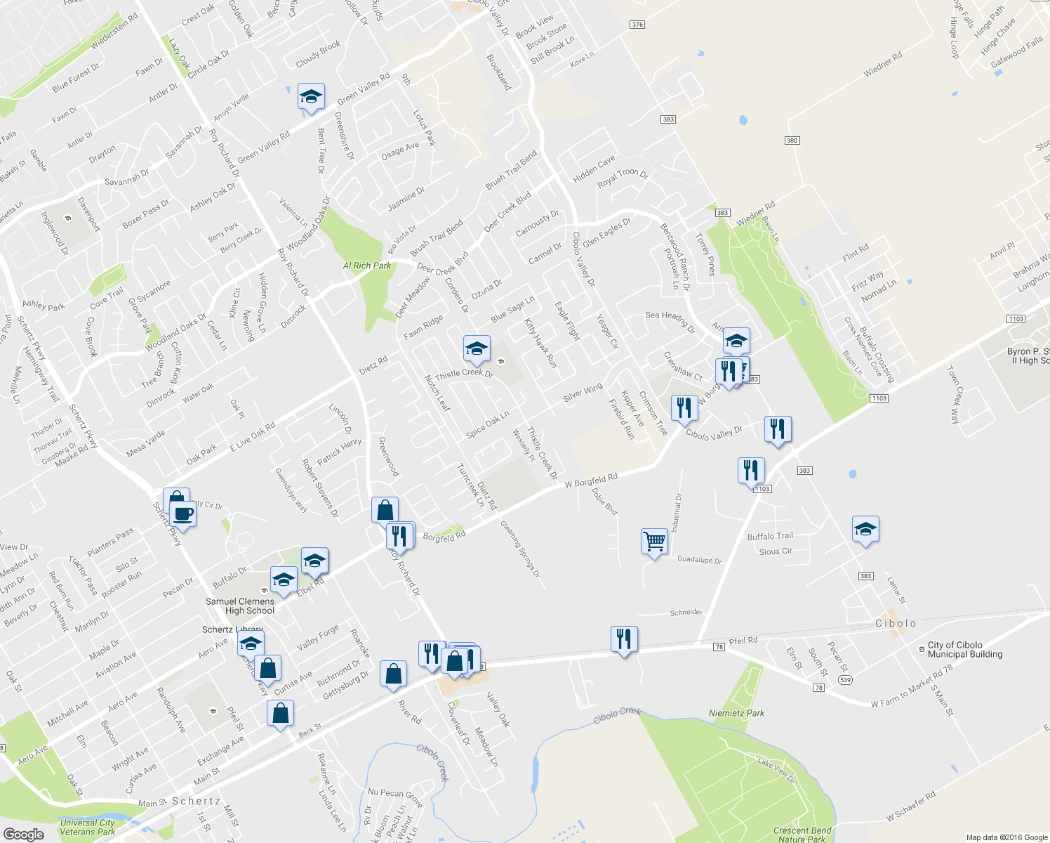 map of restaurants, bars, coffee shops, grocery stores, and more near 200 Silver Wing in Cibolo