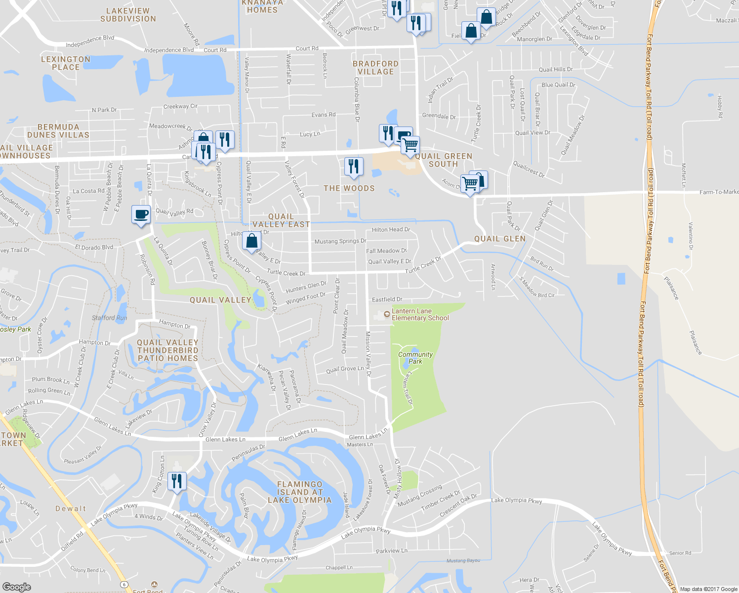 map of restaurants, bars, coffee shops, grocery stores, and more near 1934 Eastfield Drive in Missouri City
