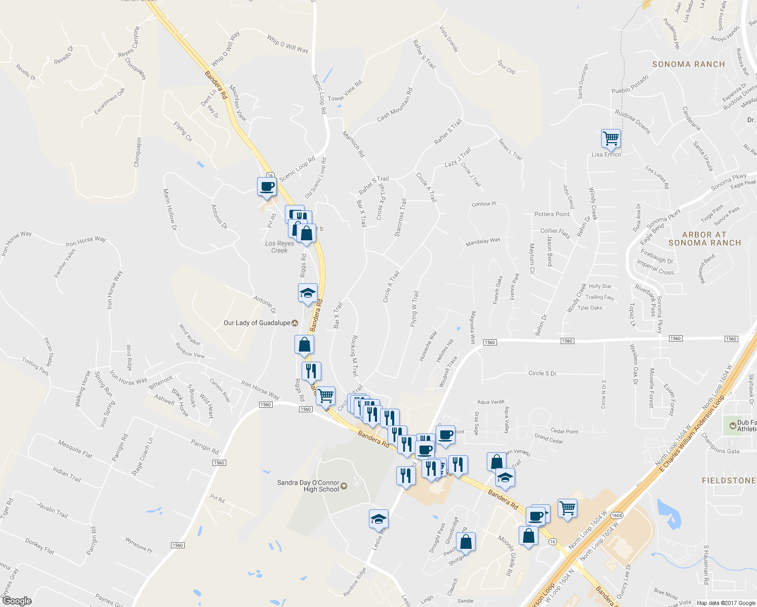 map of restaurants, bars, coffee shops, grocery stores, and more near 13903 Circle A Trail in Helotes