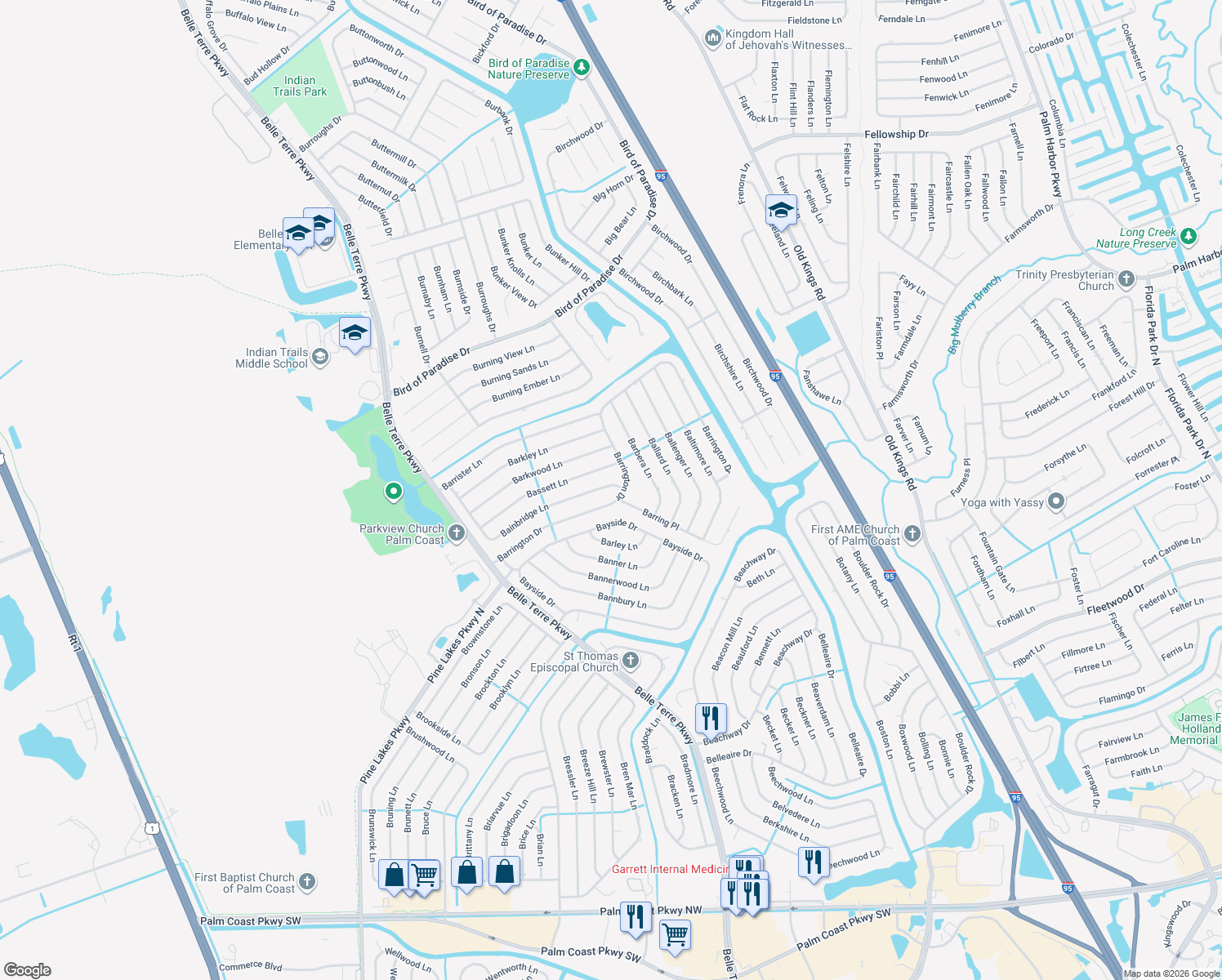 map of restaurants, bars, coffee shops, grocery stores, and more near 84 Bainbridge Lane in Palm Coast