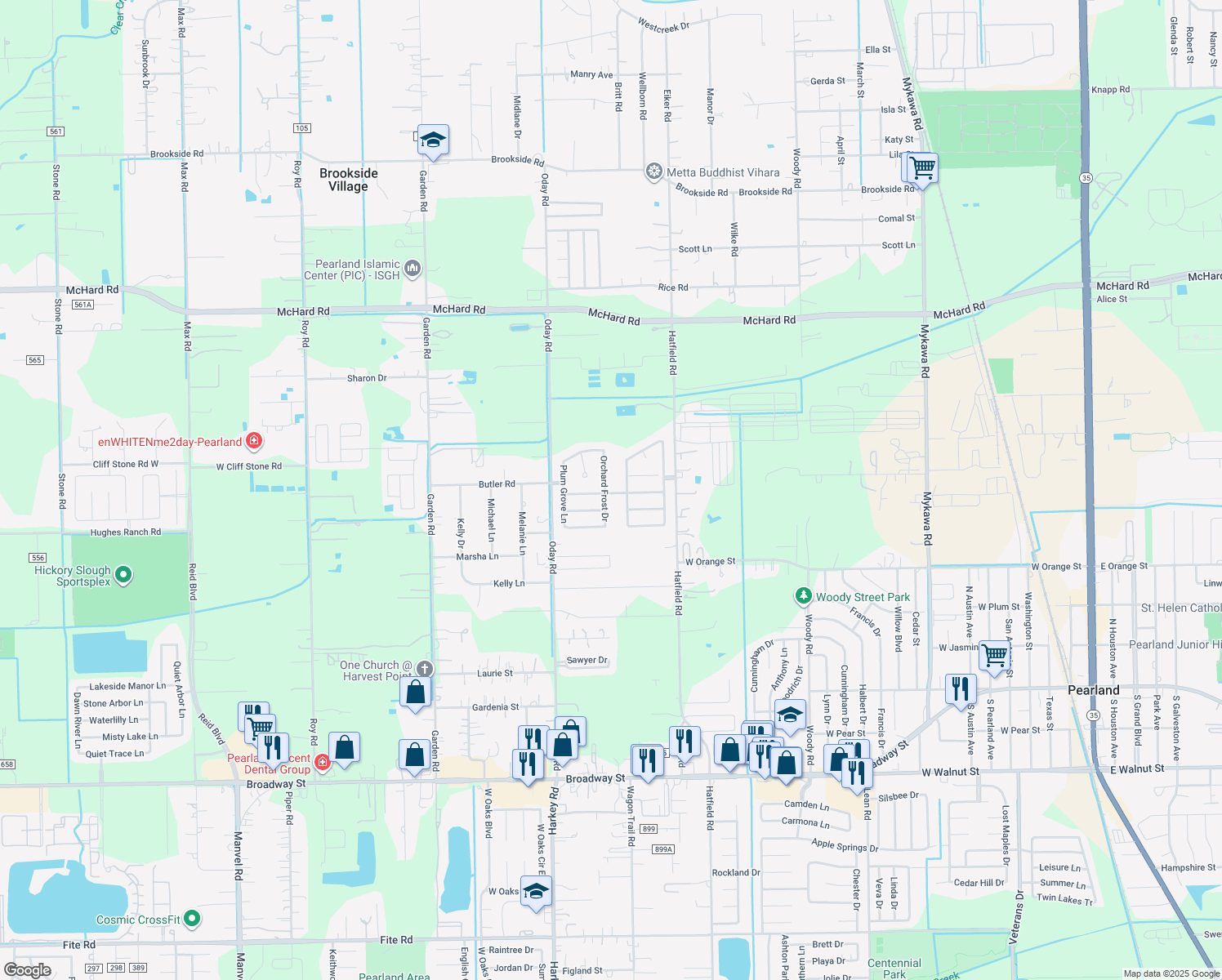 map of restaurants, bars, coffee shops, grocery stores, and more near 2011 Orchard Frost Dr in Pearland
