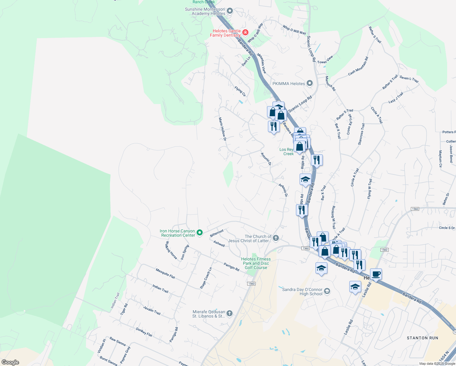 map of restaurants, bars, coffee shops, grocery stores, and more near 13120 Adobe Walls Drive in Helotes