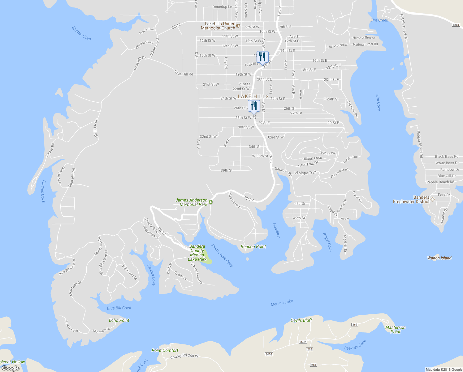 map of restaurants, bars, coffee shops, grocery stores, and more near 12844 Park Road 37 in Pipe Creek