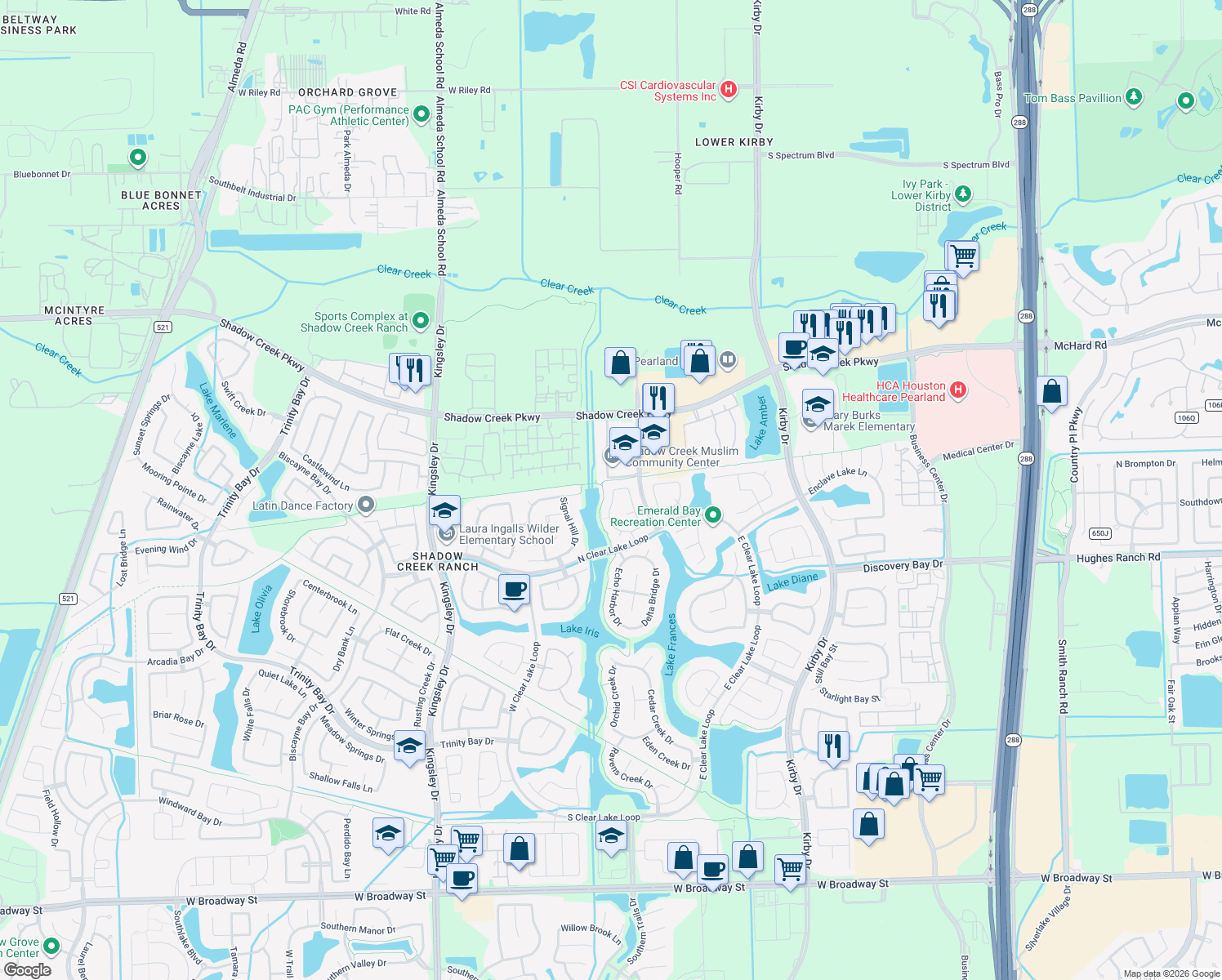 map of restaurants, bars, coffee shops, grocery stores, and more near 2102 Rushing Spring Dr in Pearland
