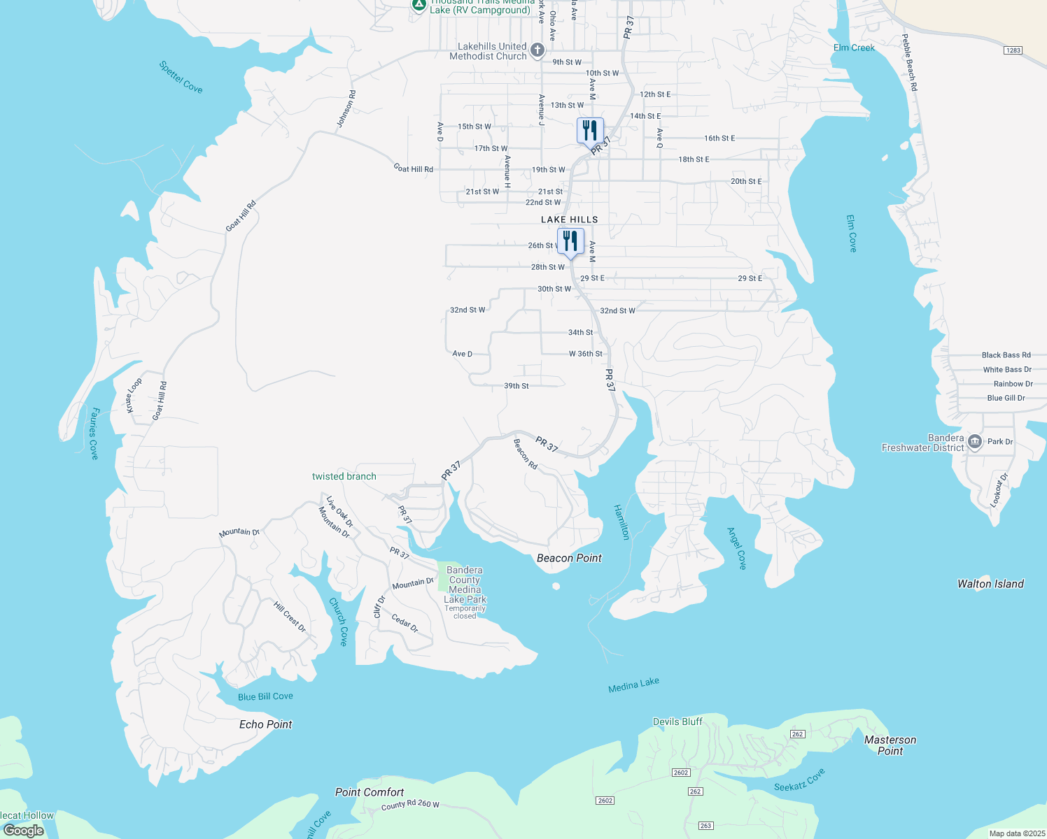 map of restaurants, bars, coffee shops, grocery stores, and more near 12844 Park Road 37 in Pipe Creek