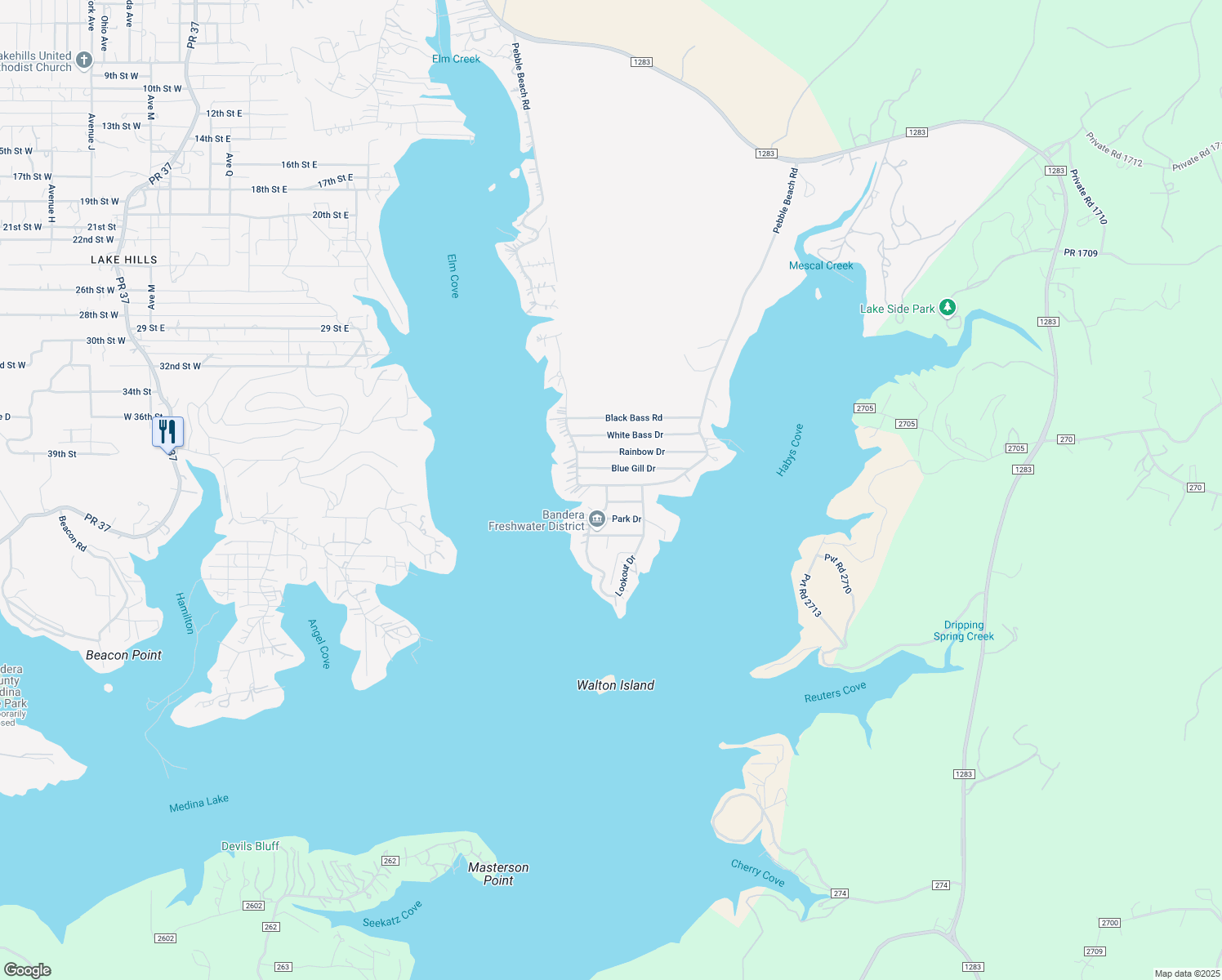 map of restaurants, bars, coffee shops, grocery stores, and more near 886 Lookout Drive in Lakehills