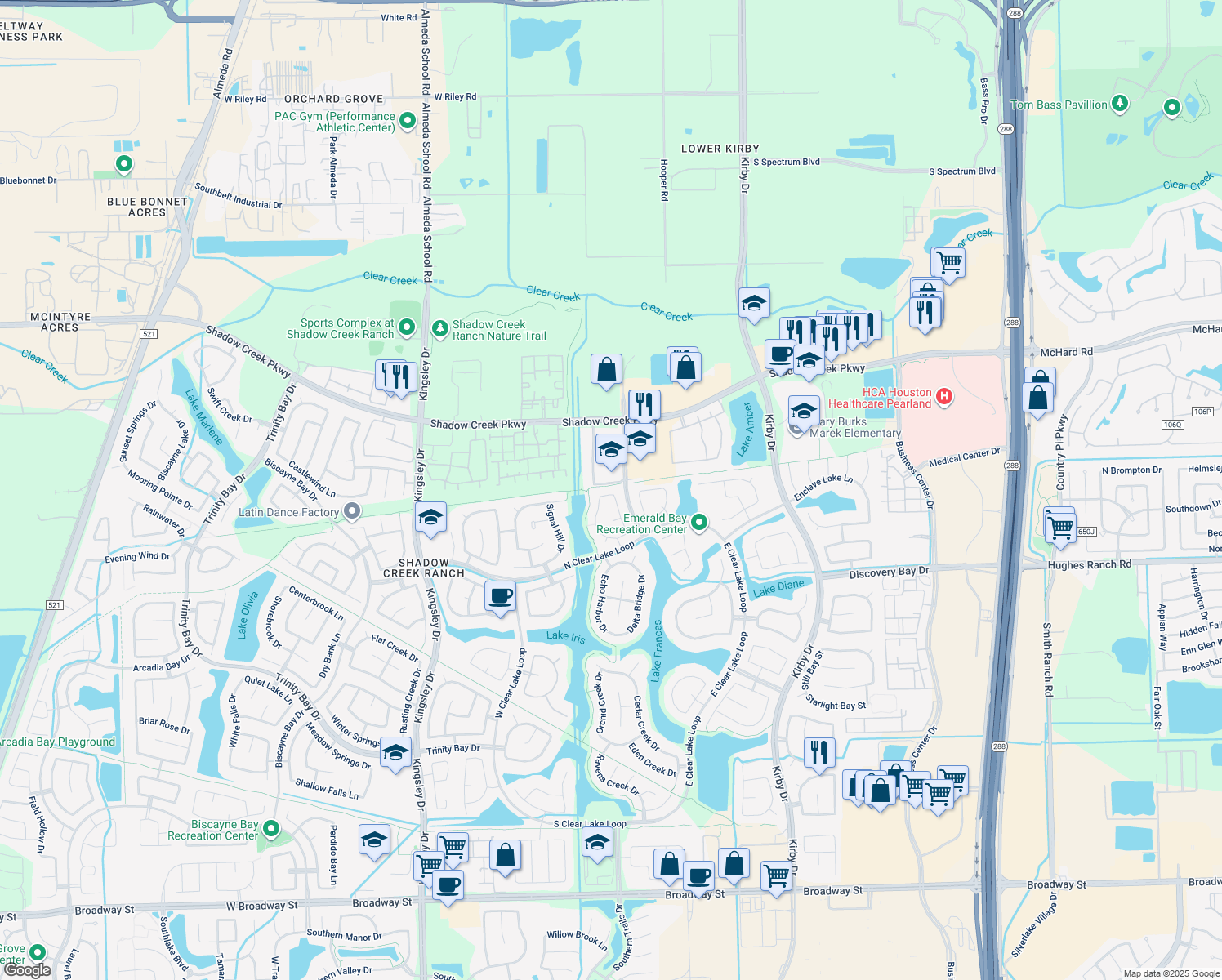 map of restaurants, bars, coffee shops, grocery stores, and more near 12103 Auburn Creek Drive in Pearland