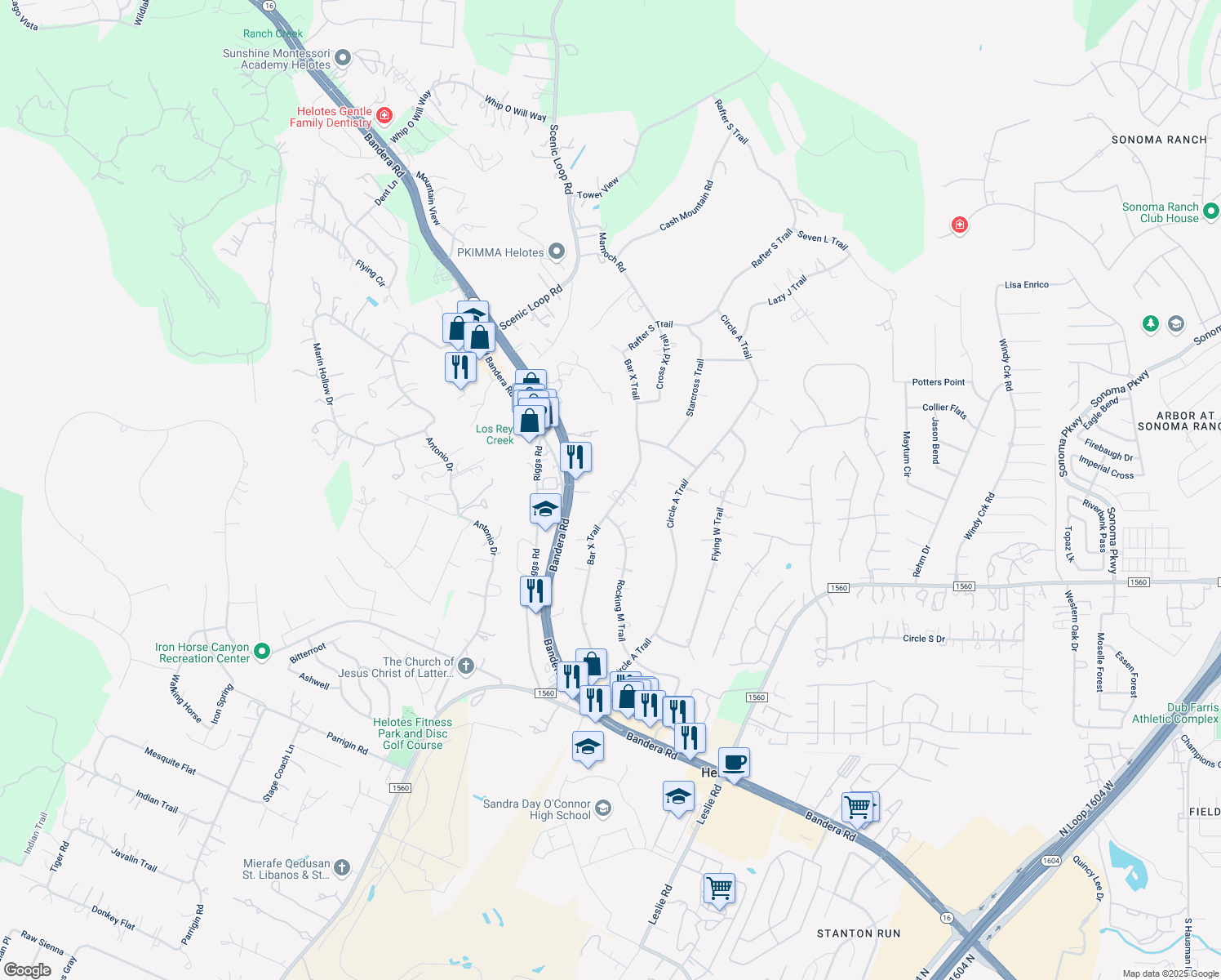 map of restaurants, bars, coffee shops, grocery stores, and more near 10810 Bar X Trail in Helotes