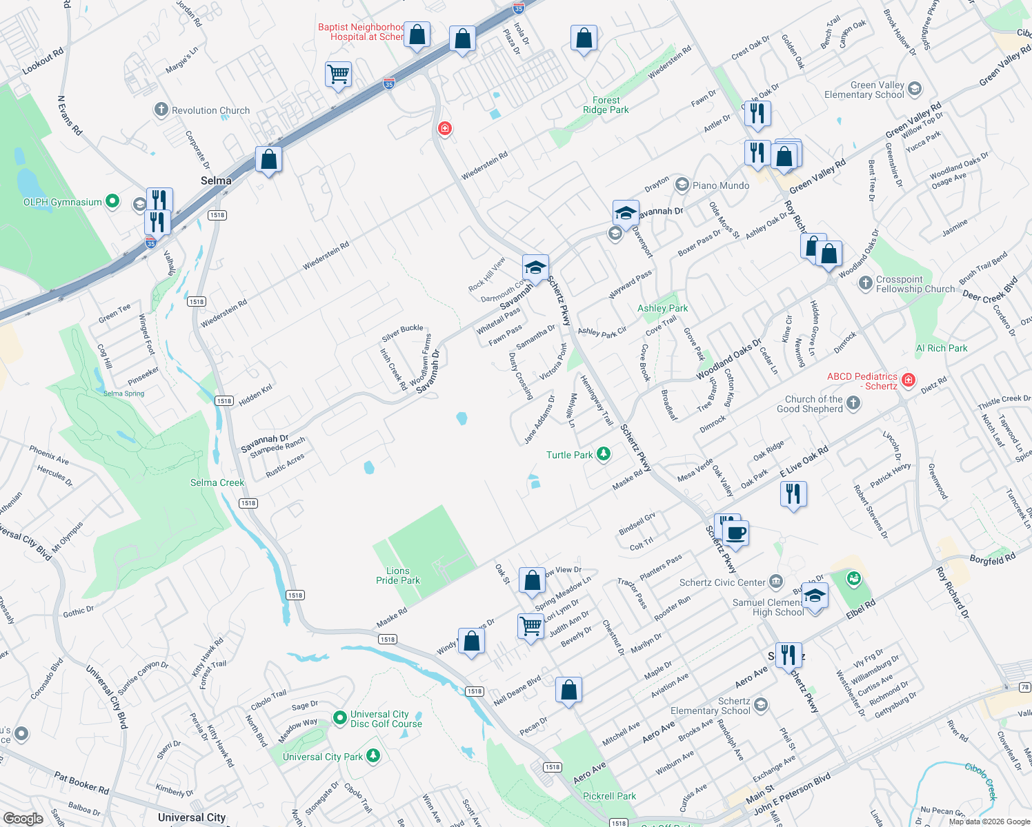 map of restaurants, bars, coffee shops, grocery stores, and more near 372 Frank Baum Dr in Schertz