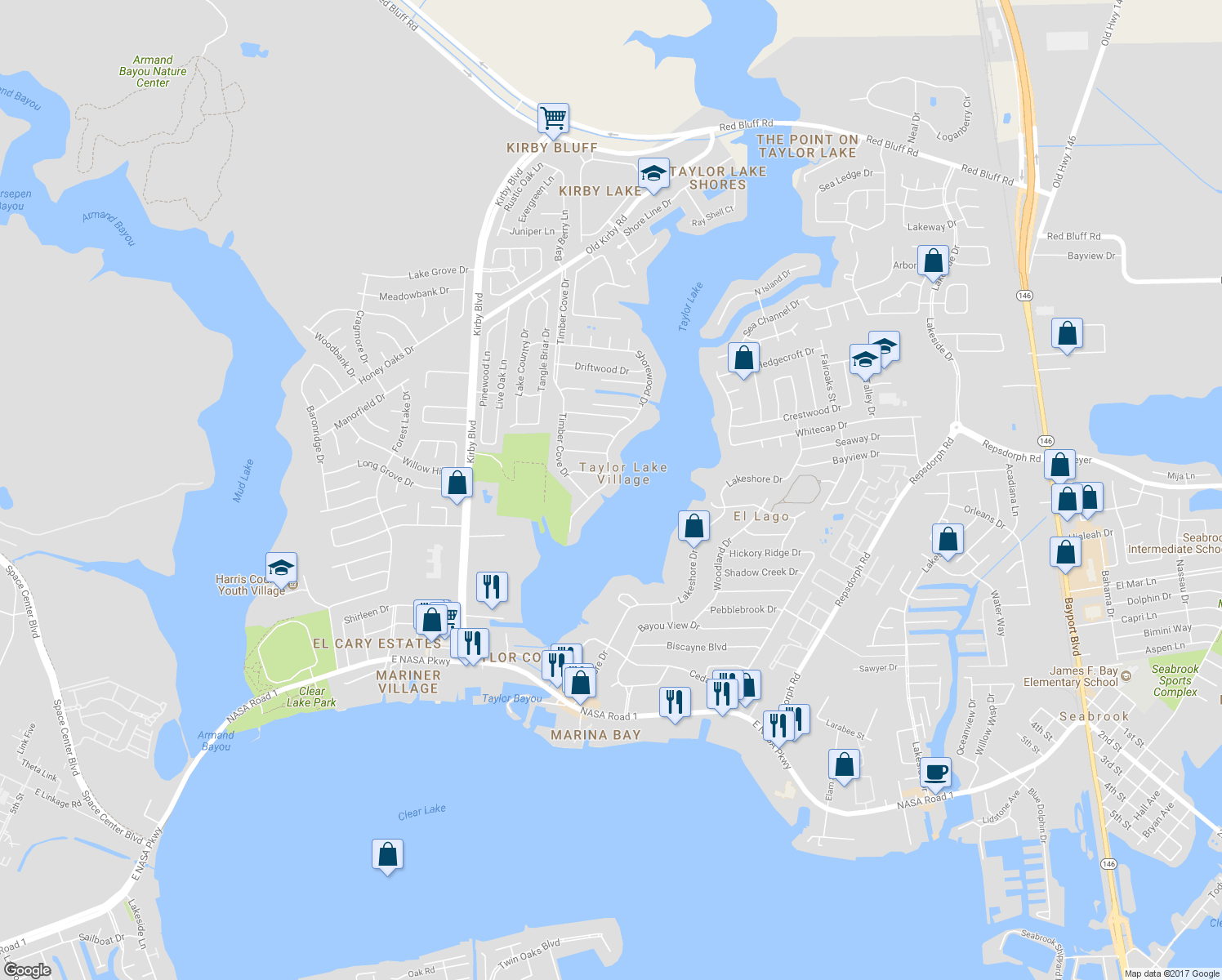 map of restaurants, bars, coffee shops, grocery stores, and more near 714 Shorewood Drive in Seabrook