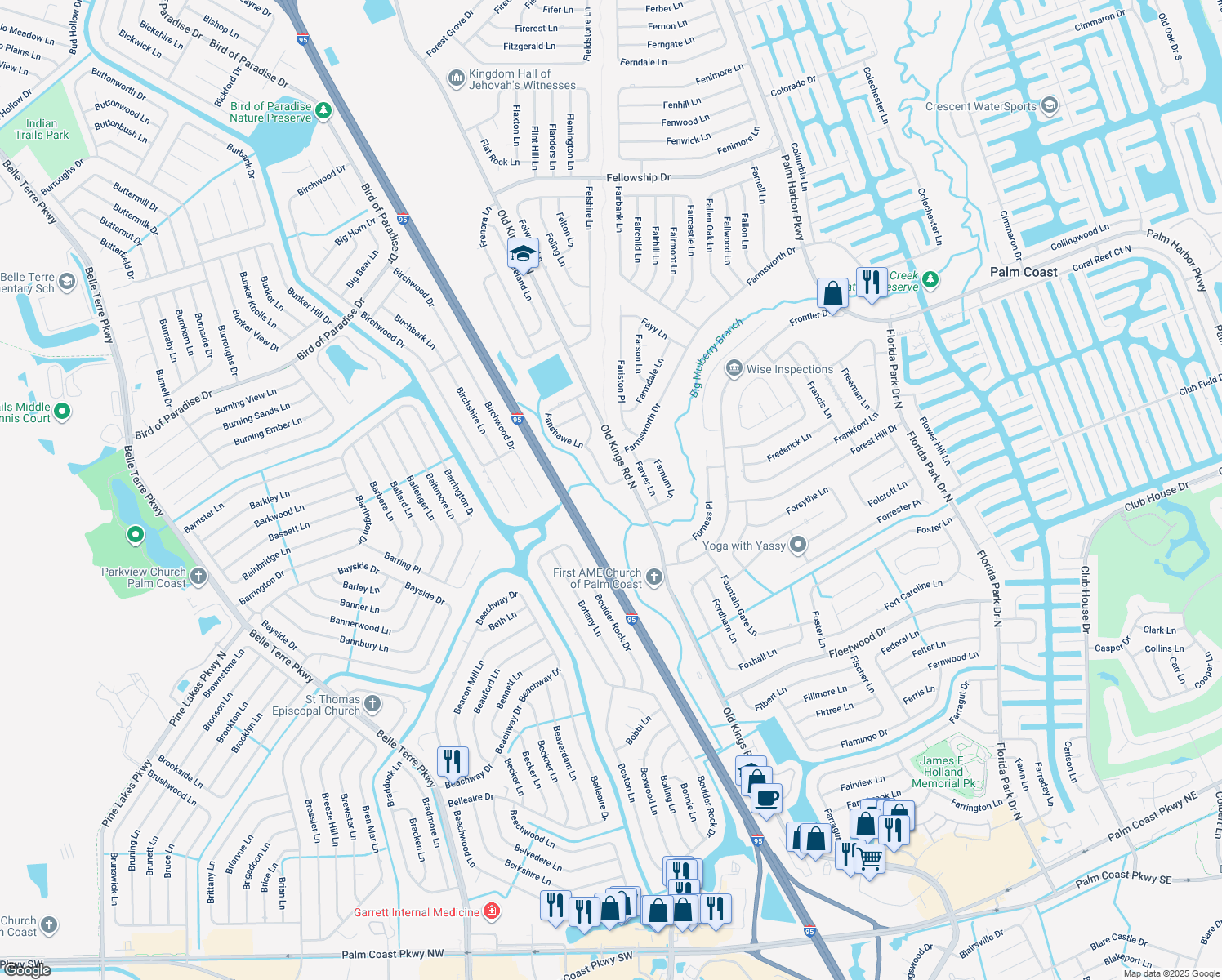 map of restaurants, bars, coffee shops, grocery stores, and more near 3 Fanshawe Ln in Palm Coast