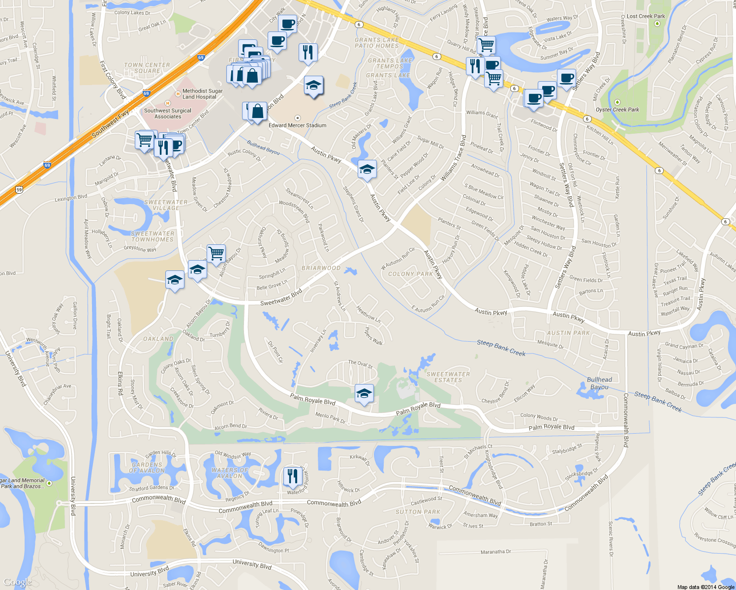 map of restaurants, bars, coffee shops, grocery stores, and more near 24 Scotsmoor Ct in Sugar Land