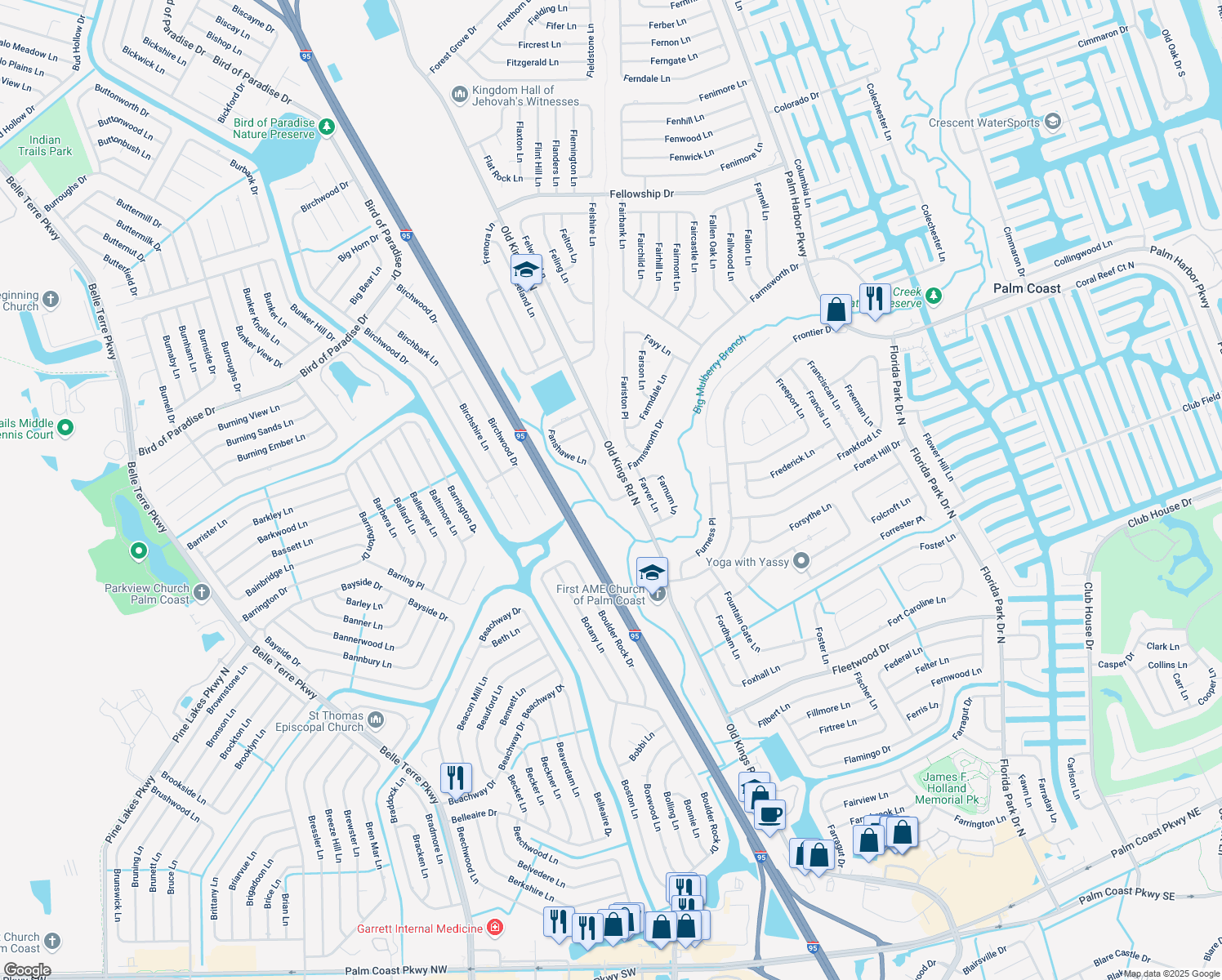 map of restaurants, bars, coffee shops, grocery stores, and more near 10 Fanshawe Lane in Palm Coast