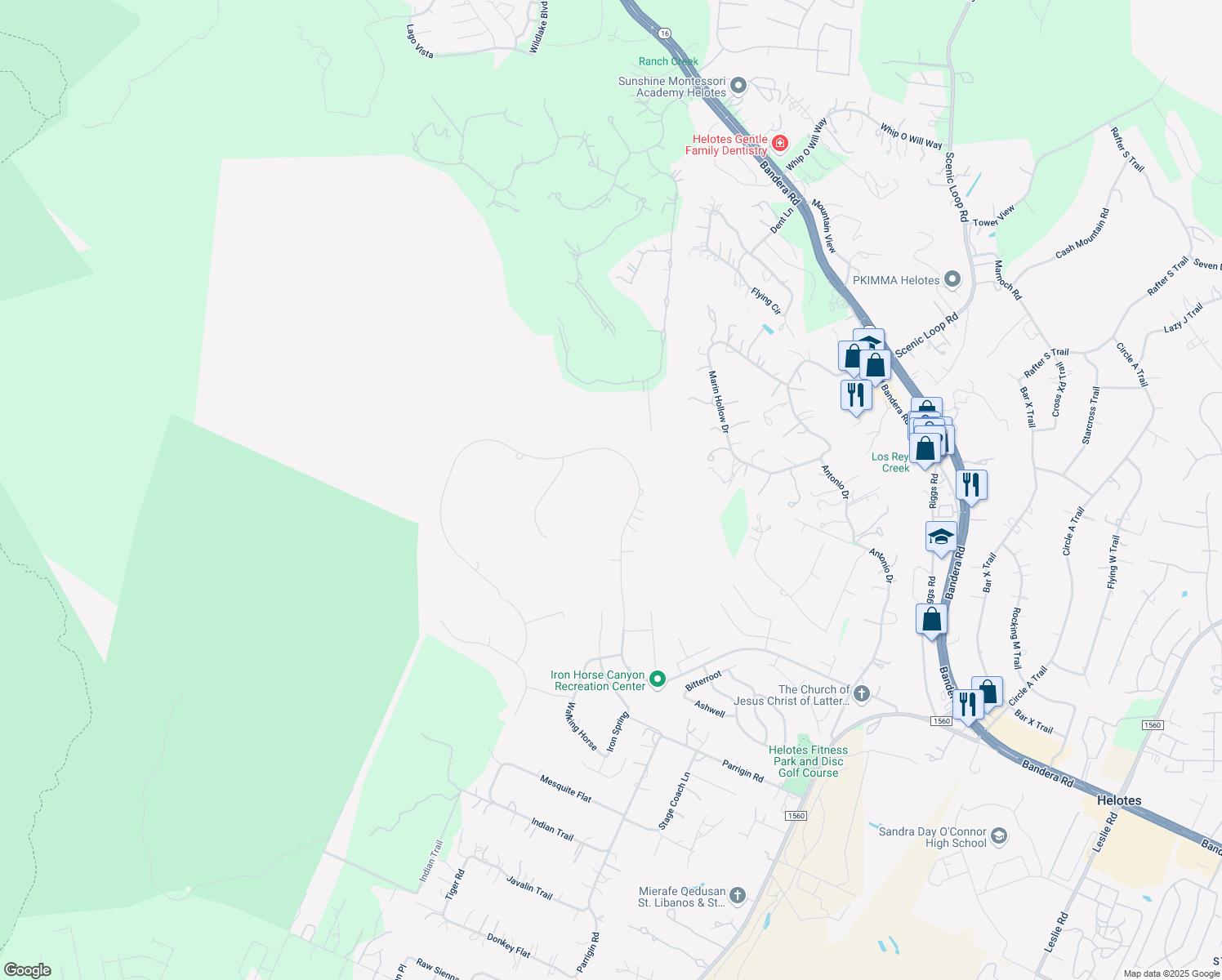 map of restaurants, bars, coffee shops, grocery stores, and more near 14233 Iron Horse Way in Helotes