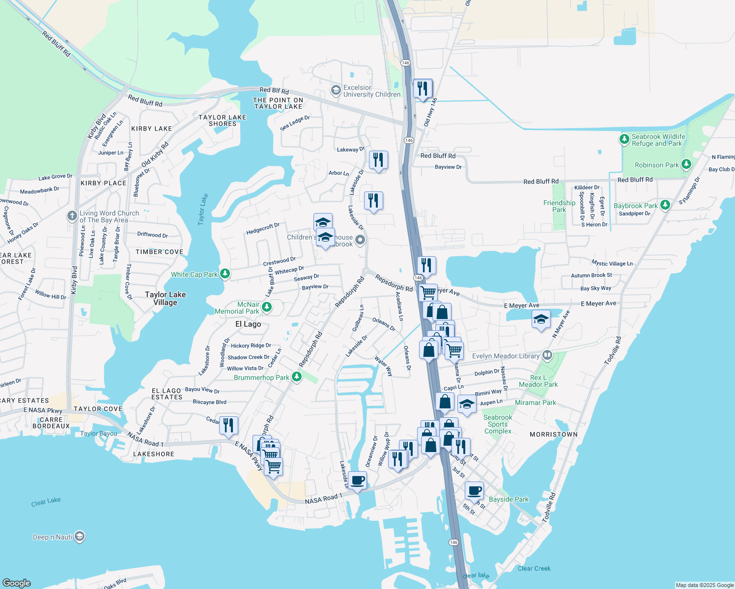 map of restaurants, bars, coffee shops, grocery stores, and more near 2614 Vermillion Drive in Seabrook