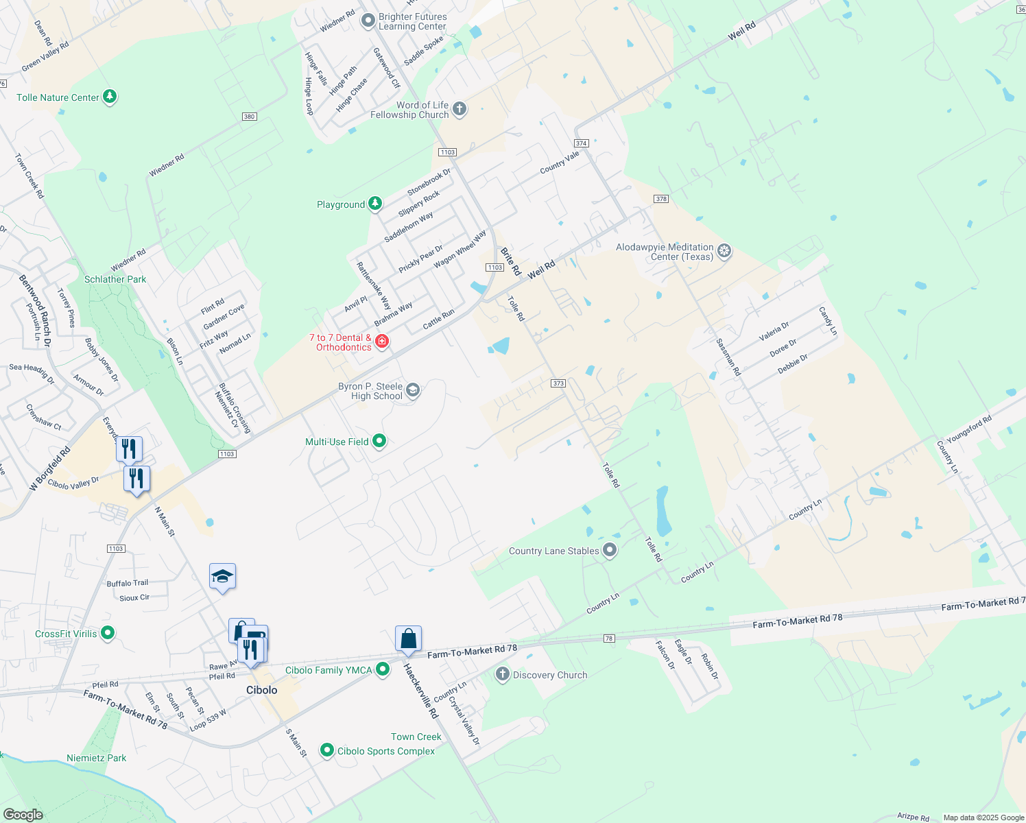 map of restaurants, bars, coffee shops, grocery stores, and more near 116 Cibolo Tolle in Cibolo
