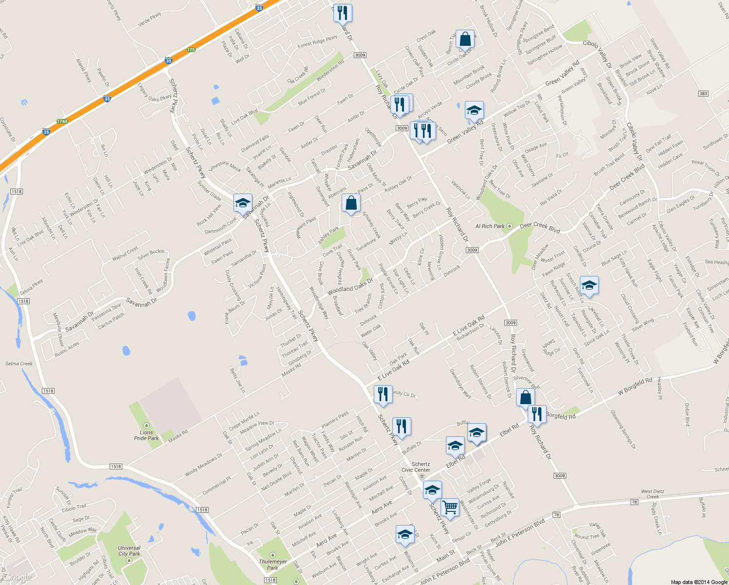 map of restaurants, bars, coffee shops, grocery stores, and more near 2427 Cove Hill in Schertz