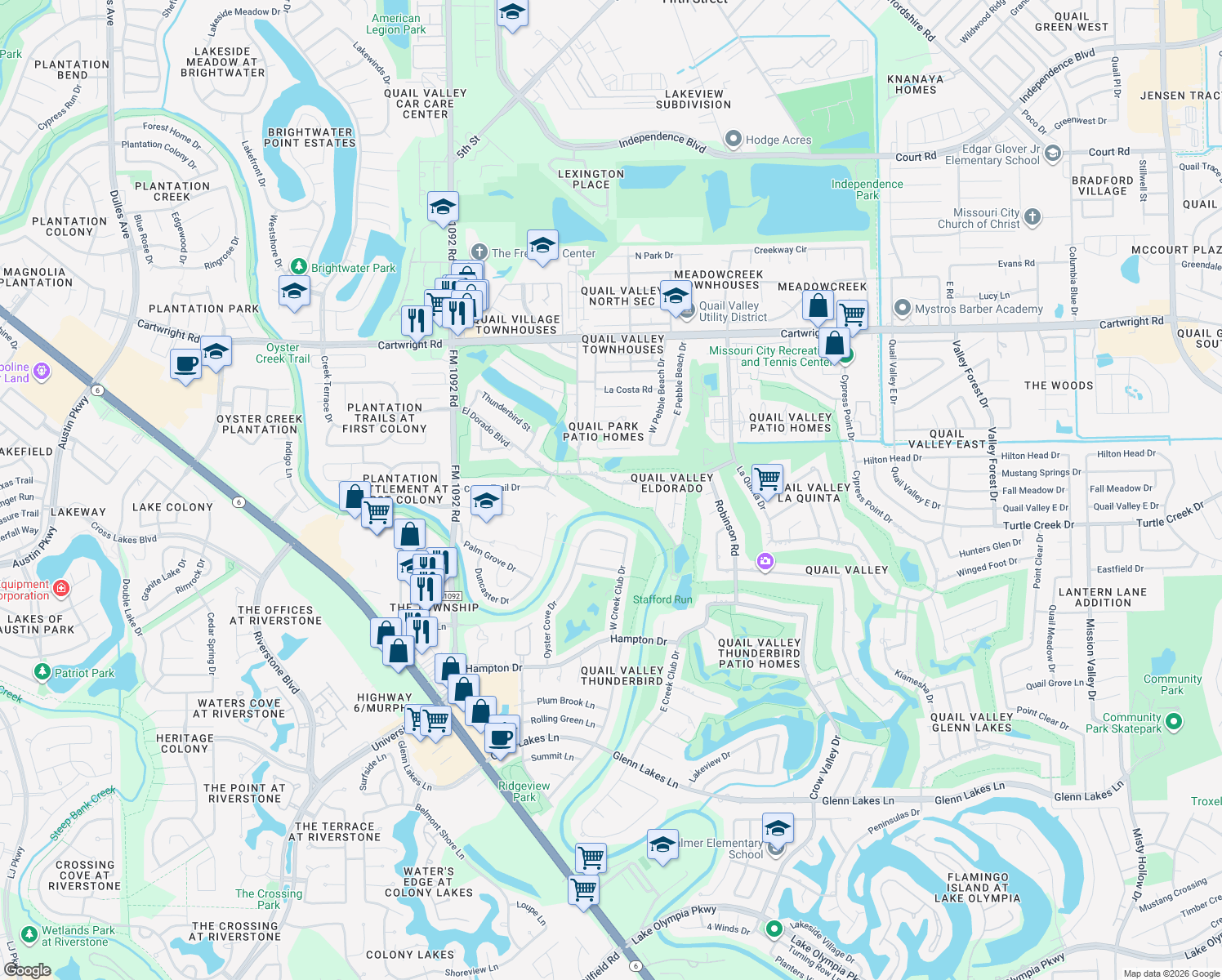 map of restaurants, bars, coffee shops, grocery stores, and more near 3307 El Dorado Blvd in Missouri City