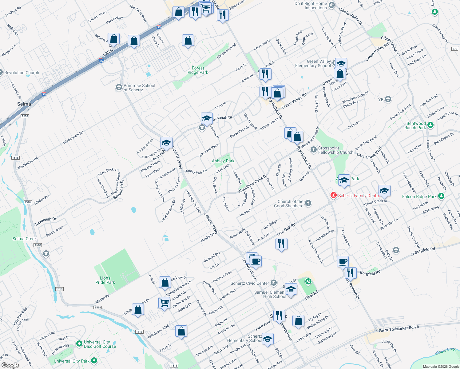 map of restaurants, bars, coffee shops, grocery stores, and more near 2484 Sombra Hill in Schertz