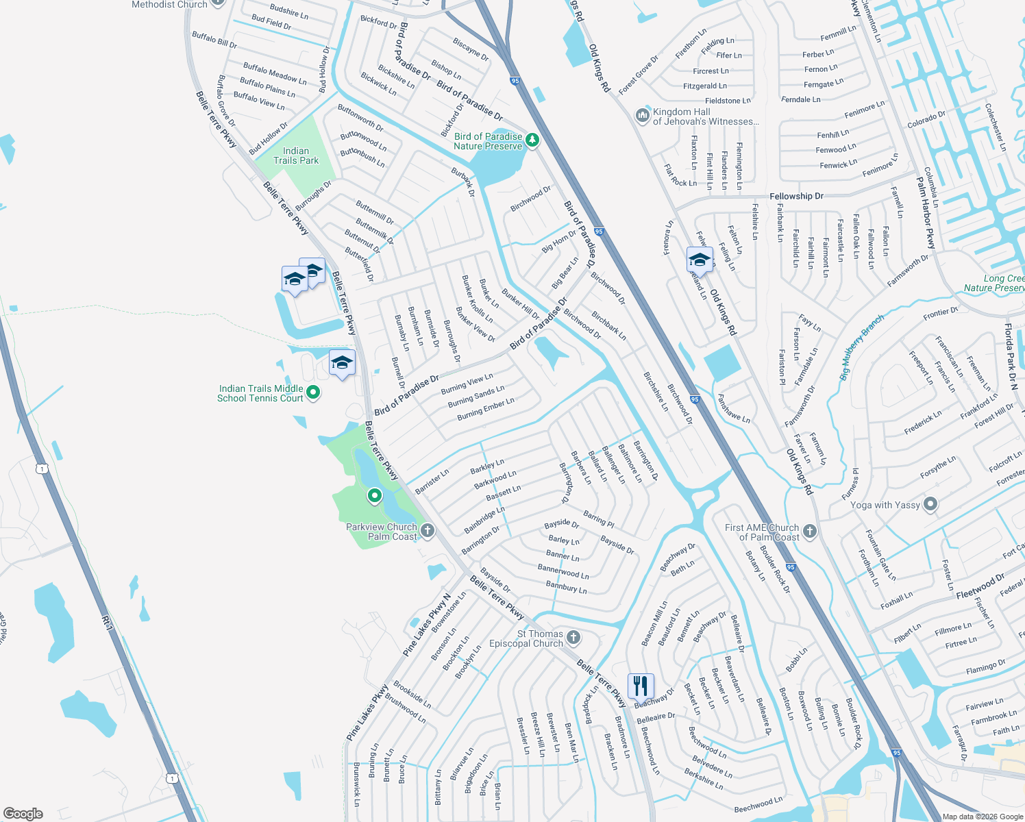map of restaurants, bars, coffee shops, grocery stores, and more near 49 Burning Bush Dr in Palm Coast