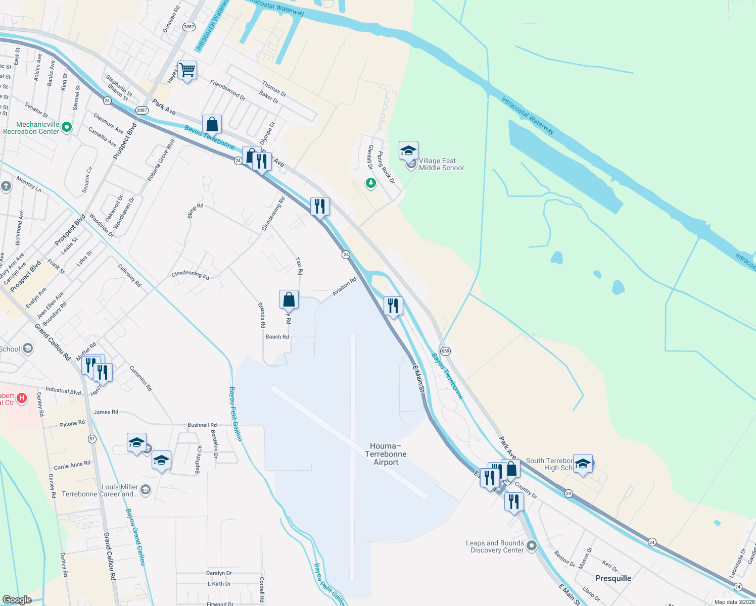 map of restaurants, bars, coffee shops, grocery stores, and more near 10143 E Main St in Houma