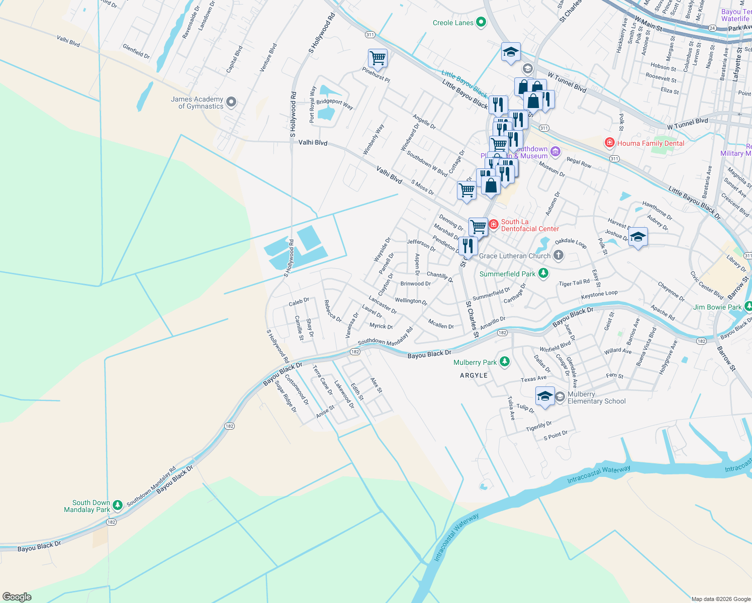 map of restaurants, bars, coffee shops, grocery stores, and more near 299 Lancaster Dr in Houma