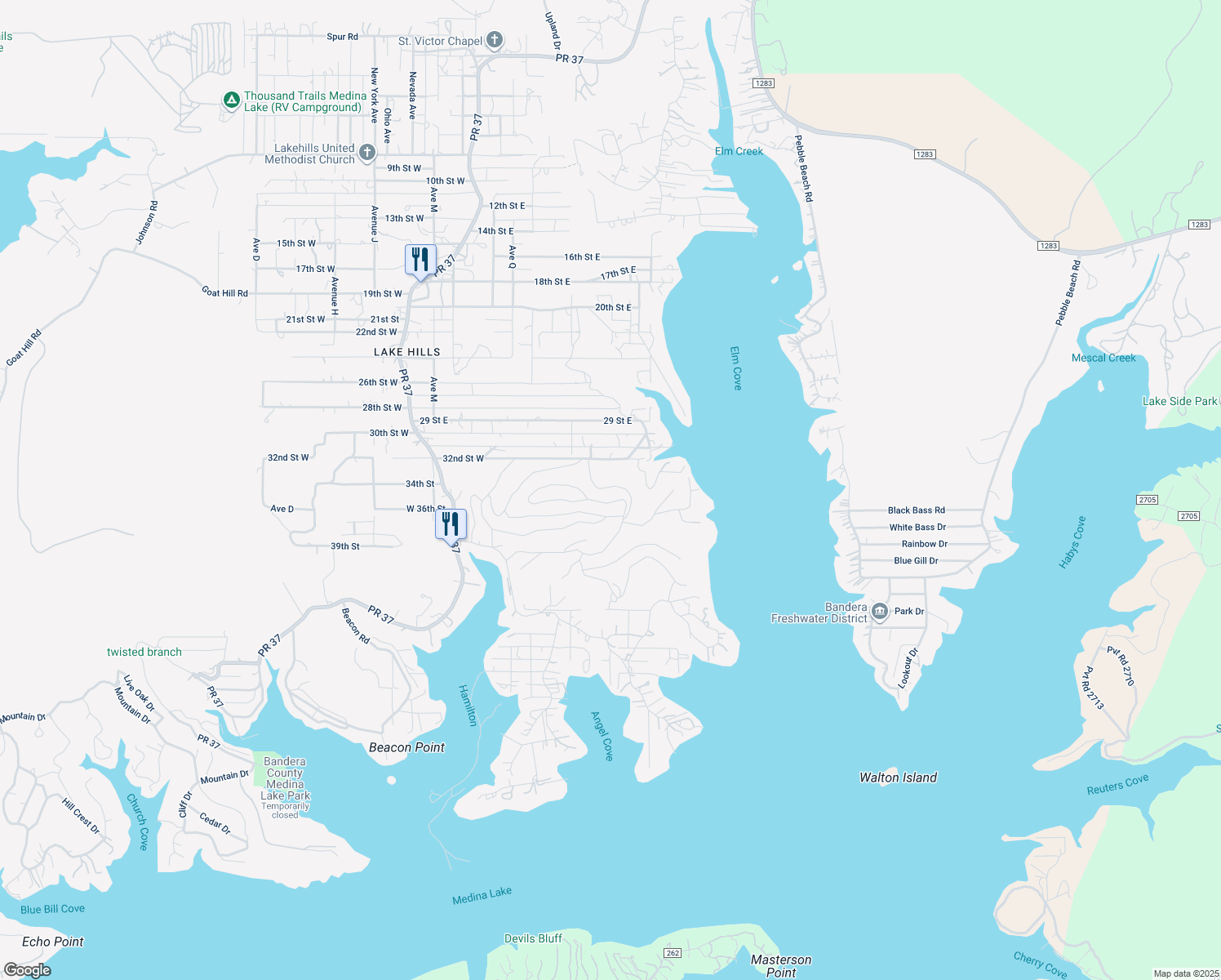 map of restaurants, bars, coffee shops, grocery stores, and more near 137 Hilltop Loop in Lakehills