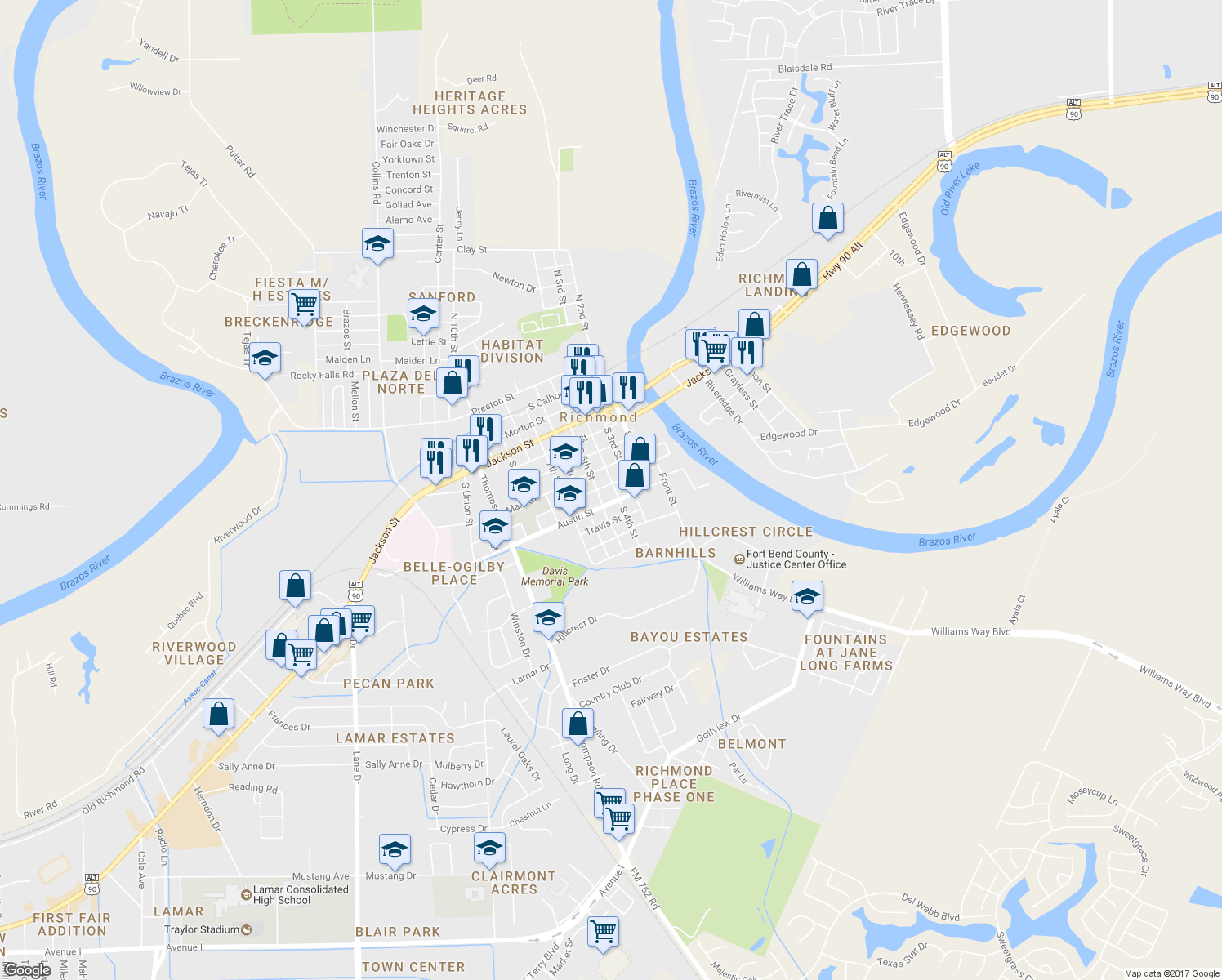 map of restaurants, bars, coffee shops, grocery stores, and more near 400 Austin Street in Richmond