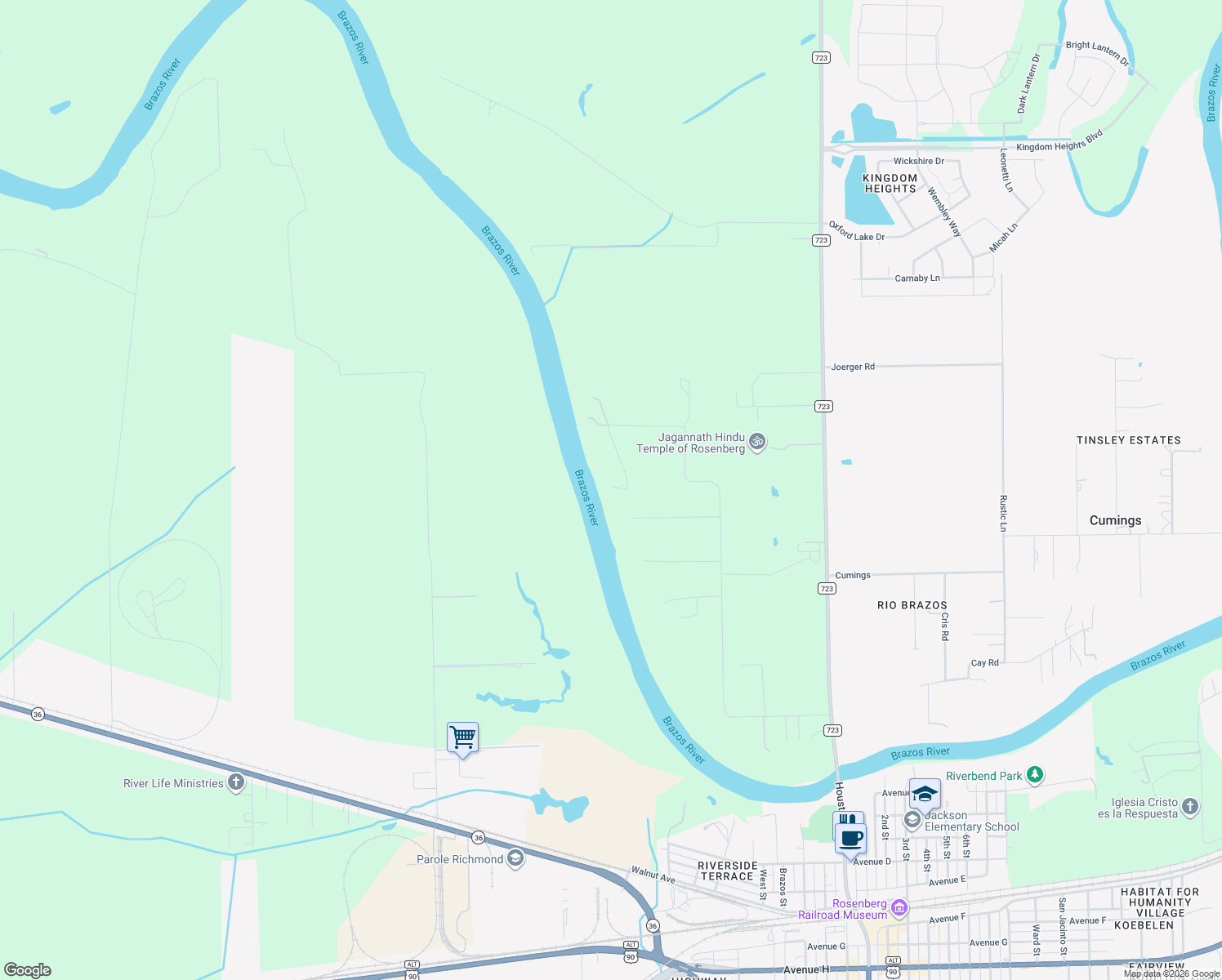 map of restaurants, bars, coffee shops, grocery stores, and more near 1101 Baker Road in Rosenberg