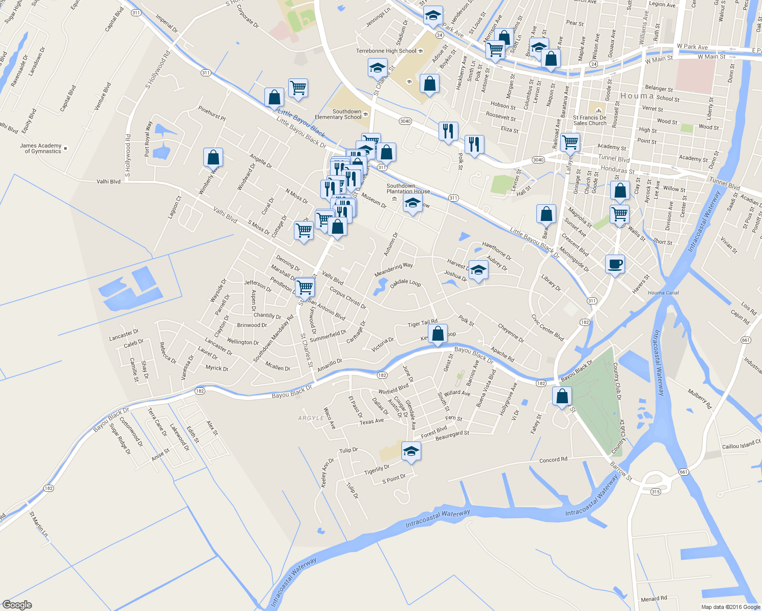 map of restaurants, bars, coffee shops, grocery stores, and more near 421 Valhi Blvd in Houma