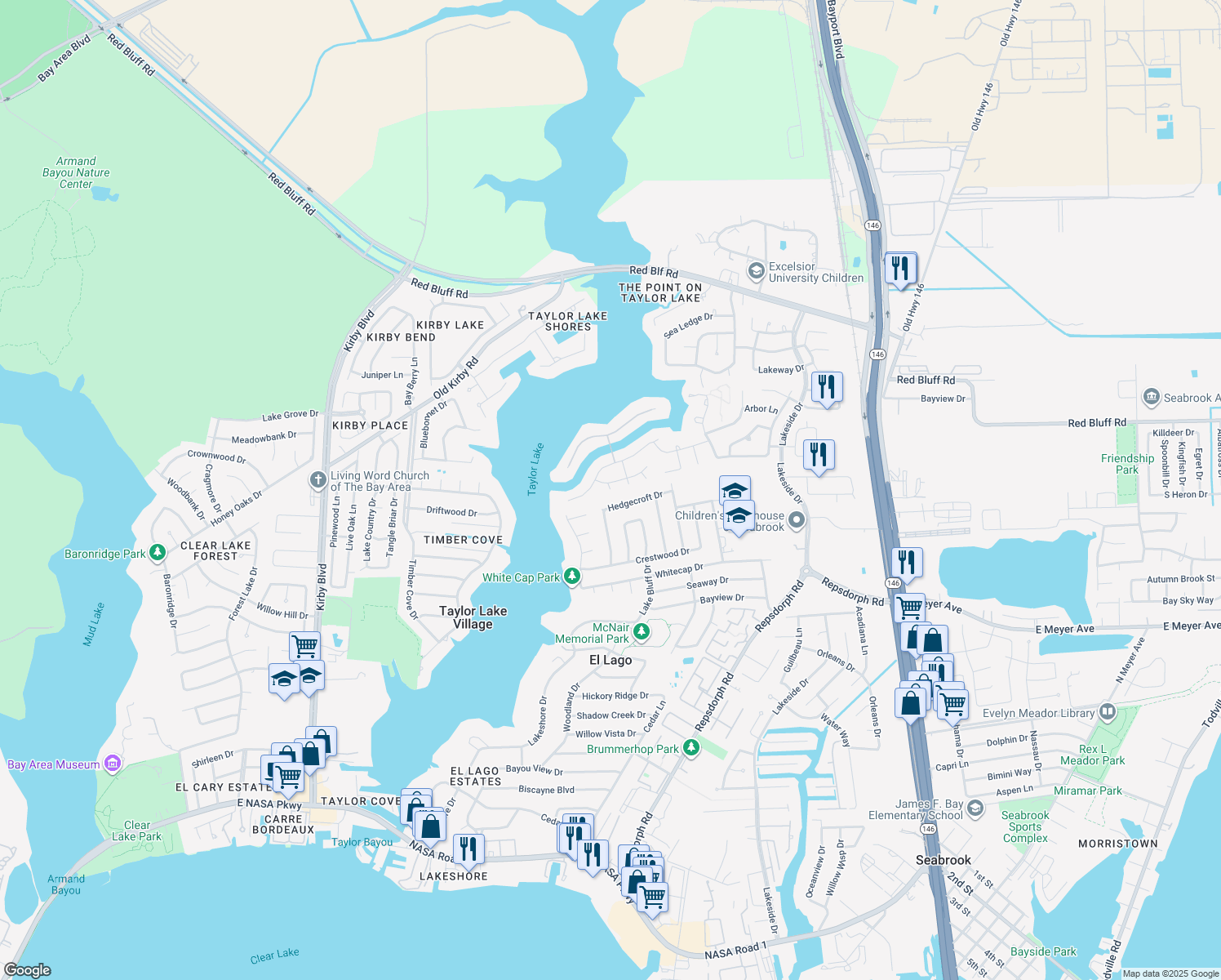 map of restaurants, bars, coffee shops, grocery stores, and more near 3198 Scenic View Court in Seabrook
