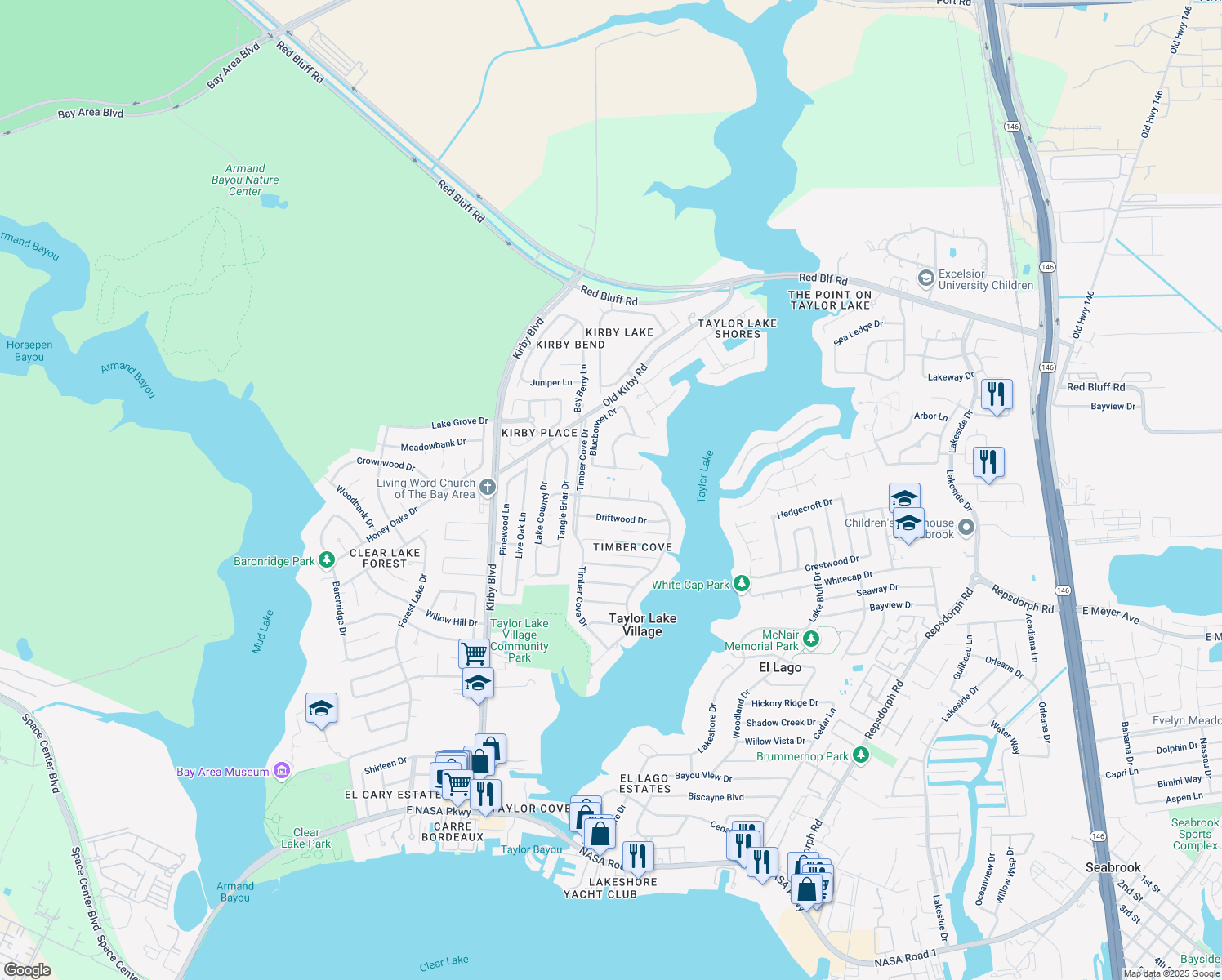 map of restaurants, bars, coffee shops, grocery stores, and more near 1105 Elm Cir in Seabrook