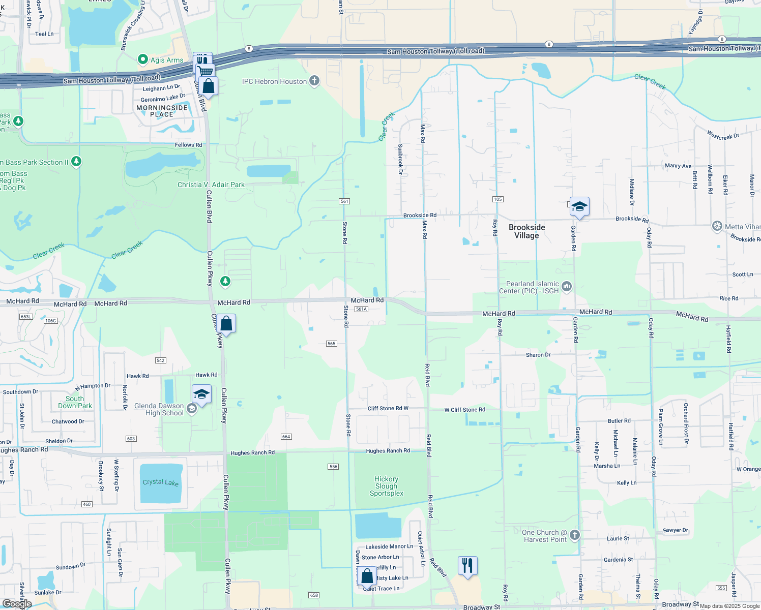 map of restaurants, bars, coffee shops, grocery stores, and more near 7625 Longleaf Drive in Pearland