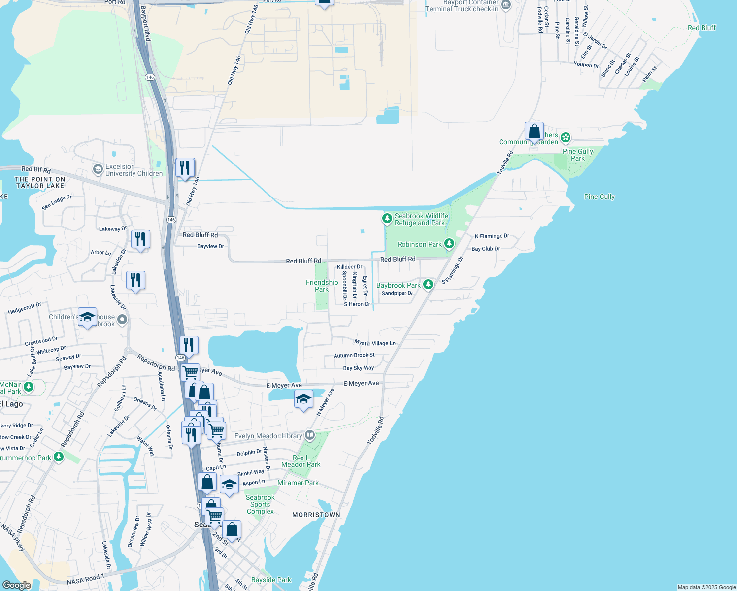 map of restaurants, bars, coffee shops, grocery stores, and more near 4313 Egret Drive in Seabrook